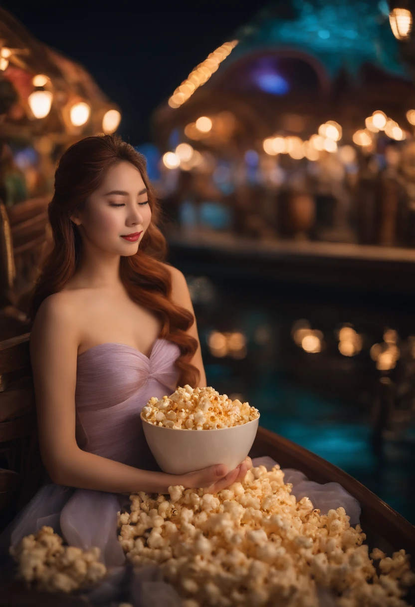 masterpiece、hight resolution、depth of fields、dynamic ungle、校服、Disney Parks、popcorn、The Little Mermaid、Bomao、a smile, night sky, wearing masks,4k