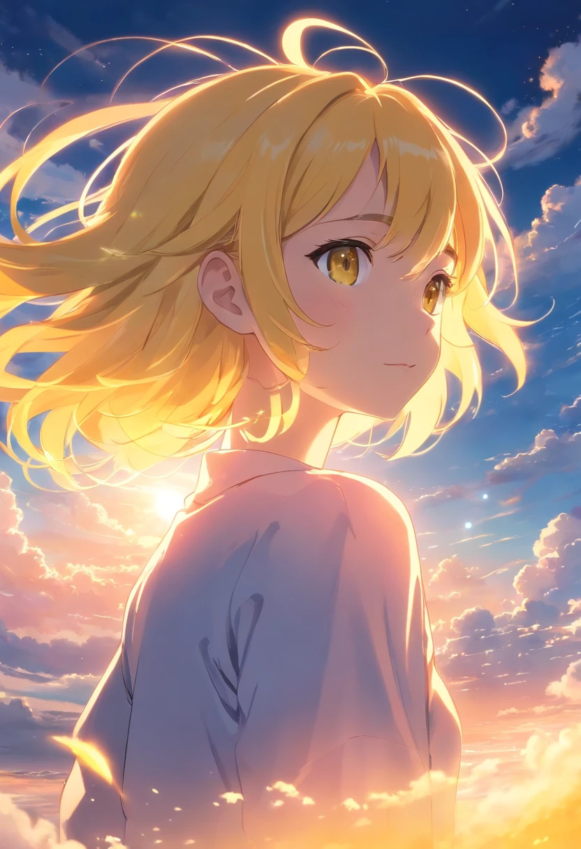 masterpiece, best quality, movie still, girl with long yellow hair, cloud girl, floating in the sky, close-up, bright, happy, warm soft lighting, sunset, (sparks:0.7)