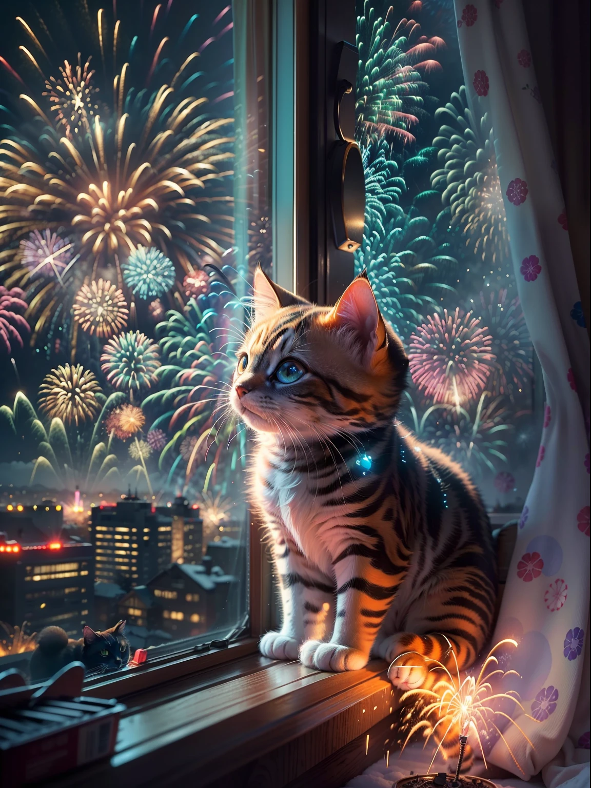 funny picture，at winter season，The kitten looked out the window seriously，((Brilliant fireworks outside the window，Huge fireworks，Extremely colorful，Colorful))