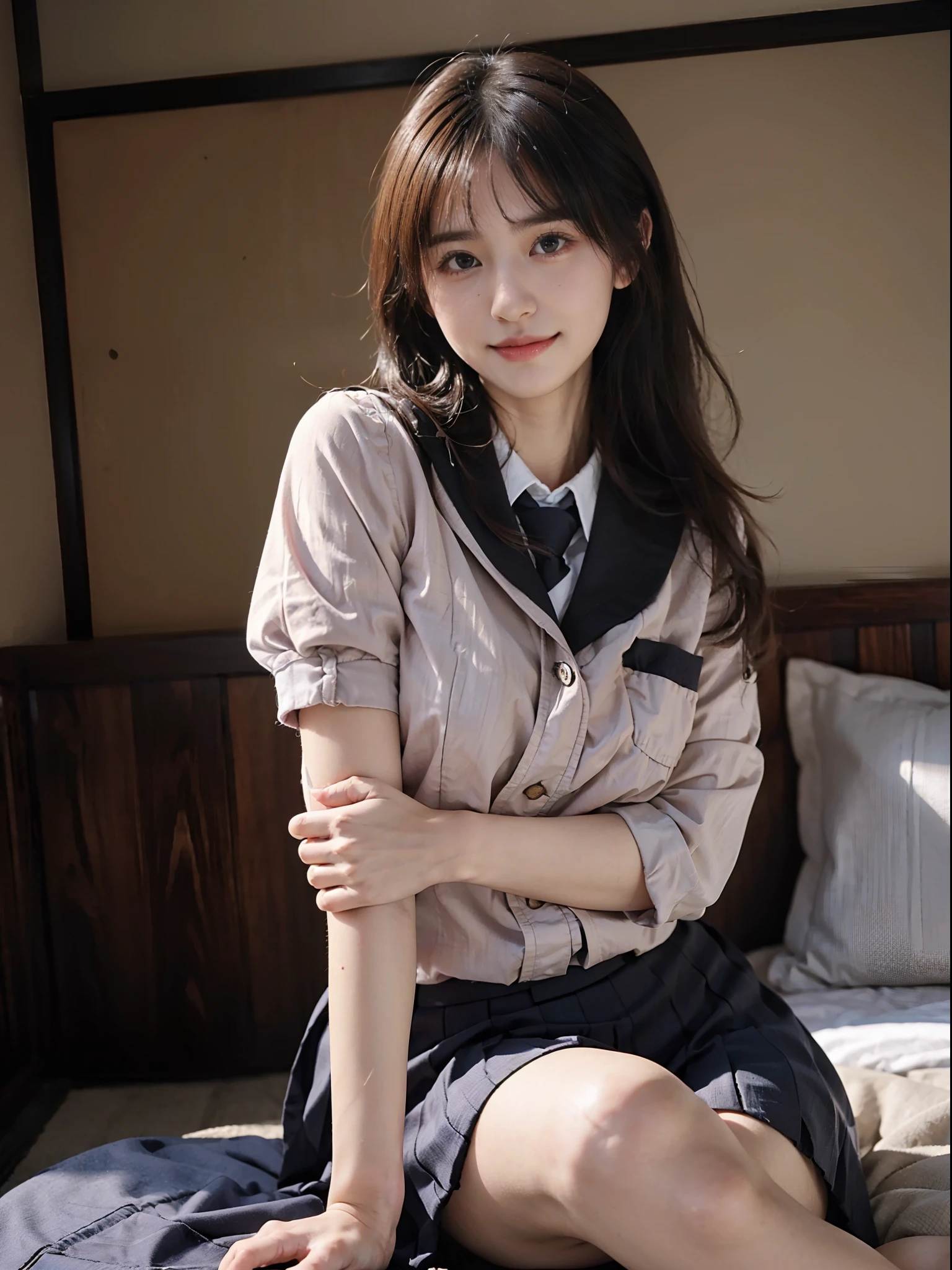 masutepiece, Best quality, japanaese girl, A smile、8K, RAW photo, top notch quality, masutepiece, NFFSW:1.2, Particularly detailed RAW color photos, Professional-grade photos, (Realistic, Photorealistic:1.37), (highly detailedskin:1.2), Ultra-high resolution, (Lenze 50 mm), (masutepiece, top-quality:1.3), (Ultra-detailed 8k CG:1.2), (hyper realisitc:1.35), (Photorealistic:1.45), (Realistic:1.4), Cowboy shot,
（（In a dimly lit room））1 Beautiful Japanese girl, age 22, super model, Japanese idol, __expression__, （Medium-sized round breasts）, (Sit on the sofa or bed1：1), (school uniform:1.4), The girl looks shy and shy，（Glasses with contoured faces）
Korean Idol、乃木坂アイドル、hposing Gravure Idol、Adults、女優（）