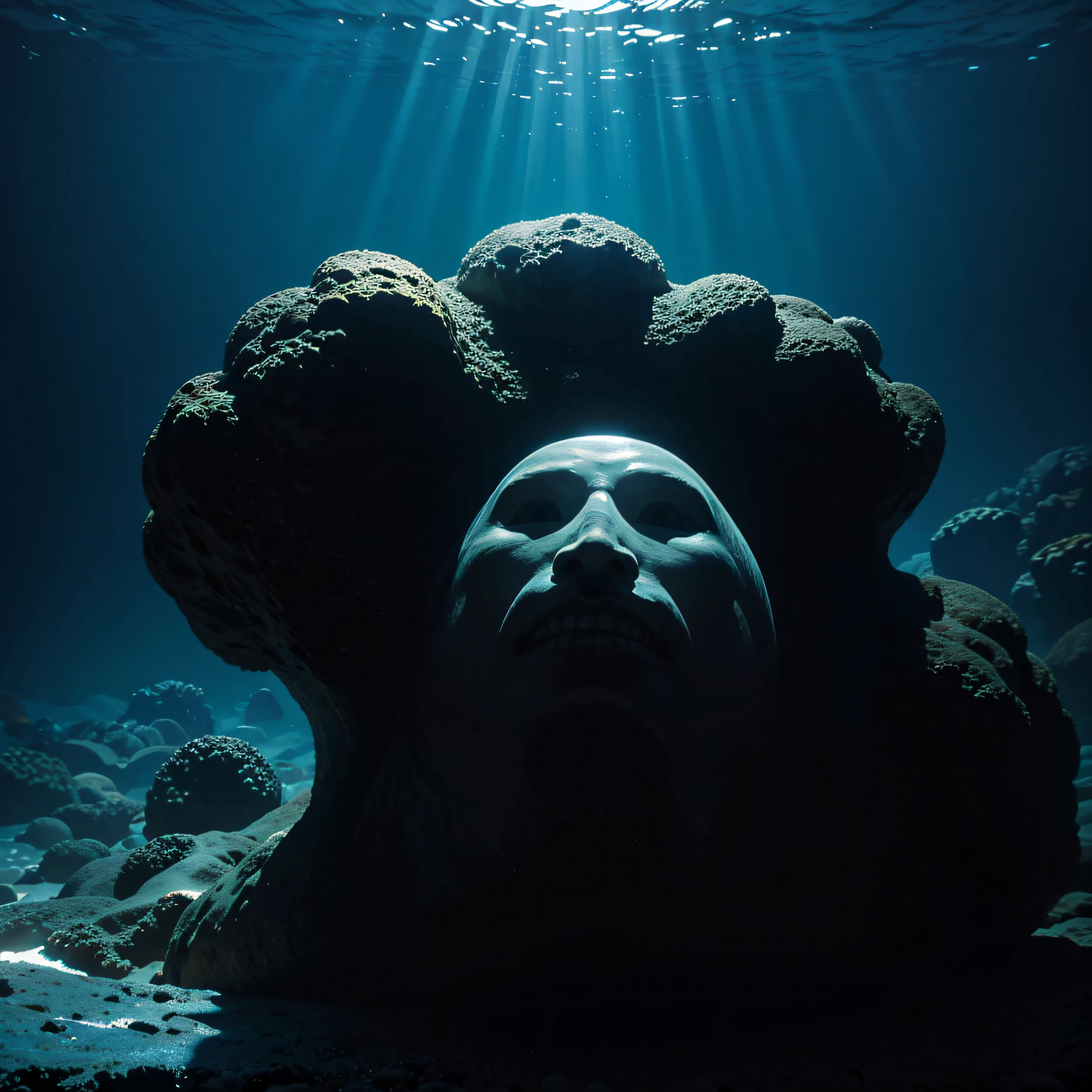 (extremadamente detallado, obra maestra, La mejor calidad, Under the Ocean), Estilo oscuro, volumetric illumination. textura de babosa, piel de caracol. ahogados flotando de fondo. Rococo composition.