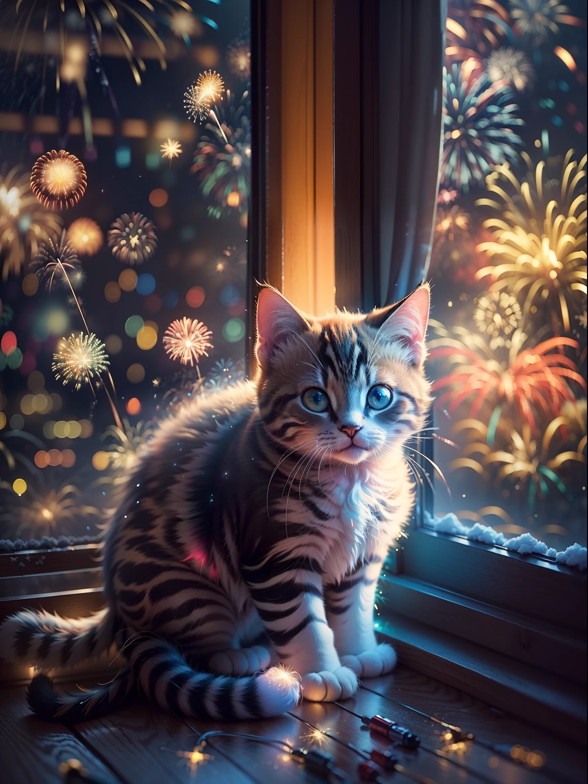 funny picture，at winter season，Kitten side in the window，((Brilliant fireworks outside the window，Huge fireworks，Extremely colorful，Colorful))