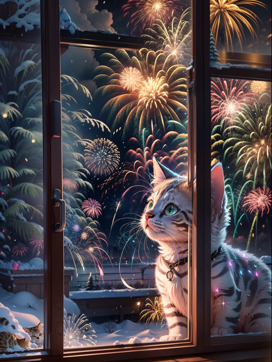 funny picture，at winter season，Kitten in the window，Brilliant fireworks outside the window，Huge fireworks，Extremely colorful，Colorful
