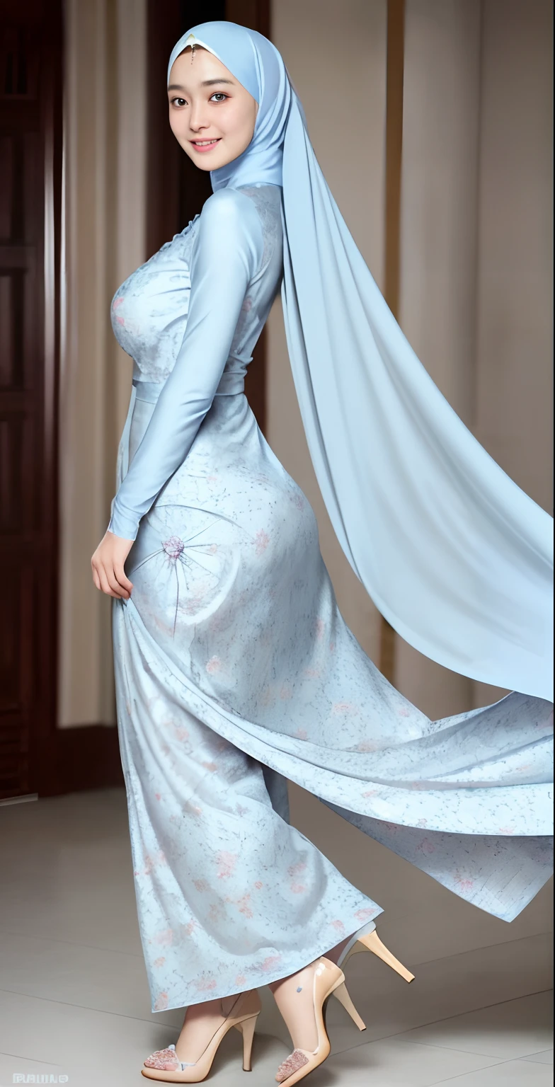 Luna Maya, (RAW photo:1.2), (photorealistic:1.4),(masterpiece:1.3),(best quality:1.4),ultra high res,(detailed eyes),(detailed facial features),(detailed clothes features),HDR,8k resolution, skin tight, (((high detailed skin,visible pores))), dreamlike, (ulzzang-6500-v1.1:0.5),pureerosface_v1:0.2, face close-up, 1 girl, tall body, slim faces, body abs:1.2, , 30 years old, gigantic breast, wearing tight close pastel floral silk malay gamis with hijab, full body, beautiful shy smile, wearing high heels, back view, (wide hips), (slightly rounded), (medium ass)