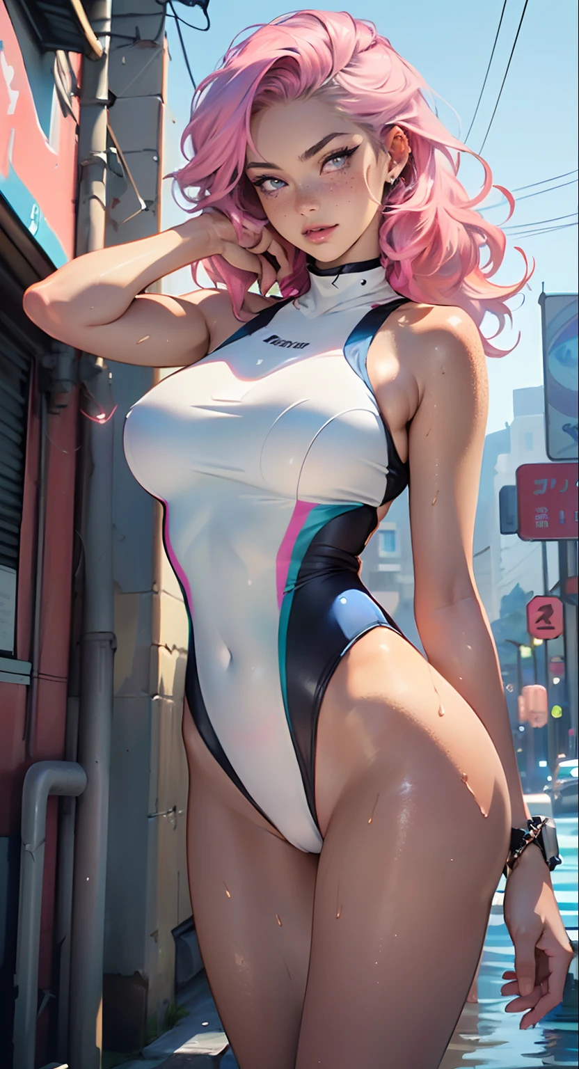 sporty girl,(((1girl))),((girl with bubblegum pink hair and freckles,extremely cute and gorgeous)),

(large breasts:1.4),saggy breasts,(((bubblegum pink hair:1.35,straight hair,long hair:1.4,colored inner hair,ear breathing))),((heterochromia:1.5,eye1 pink,eye2 azul,perfect eyes,upturned eyes:1.3,beautiful detailed eyes,finely detailed beautiful eyes:1,big highlight on eyes:1.2,slanted eyes)),((fat)),(((freckles on the face,freckles,freckled girl))),(((lustrous skin:1.5,bright skin: 1.5,skin tanned,shiny skin,very shiny skin,shiny body,plastic glitter skin,exaggerated shiny skin,illuminated skin, wet legs))),(spider lower abdomen,narrow waist,wide hip,athletic body,inflated legs,delicate detailed fingers,detailed body,human hands,(detailed face)),

cute,slutty,seductive,erotic,(((nsfw))),

((one-piece_swimsuit white , pink accents, wearing a one-piece_swimsuit outfit:1.3, white swimsuit:1.3)),((wet clothes,detailed outfit,detailed clothes)),

(dynamic pose:1.0),embarrassed,(centered,scale to fit dimensions,Rule of thirds),

cyberpunk city by the ocean at night, with bright neon signs and dark stormy clouds and puddles,

High resolution, sharp focus, (ultra detailed, extremely detailed), (photorealistic artwork:1.37), 8k wallpaper,((synthwave background theme)),(((vibrant colors,))),(intricate),masterpiece,(best quality),synthwave neon colors,