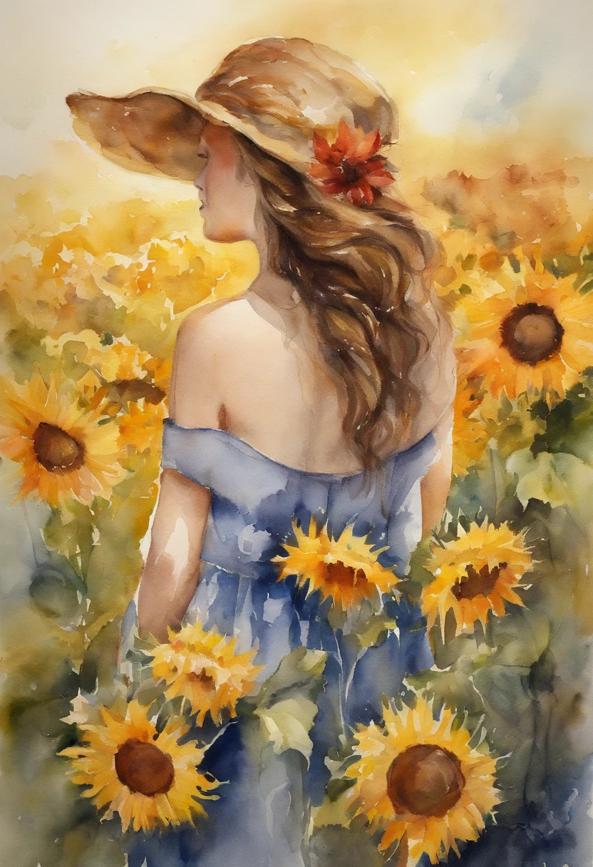 Sonnenblumenfelder、Back view of a beautiful girl、Strahlen der Sonne