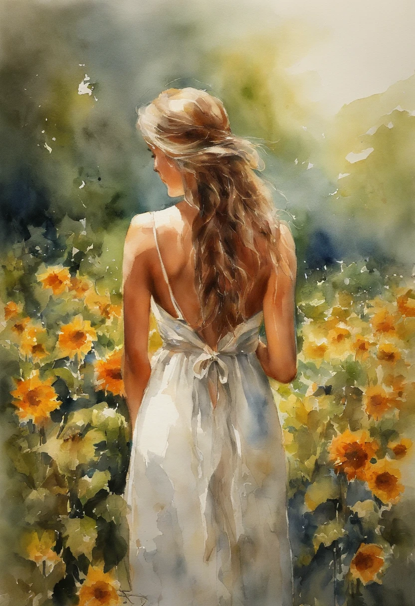 Sonnenblumenfelder、Back view of a beautiful girl、Strahlen der Sonne