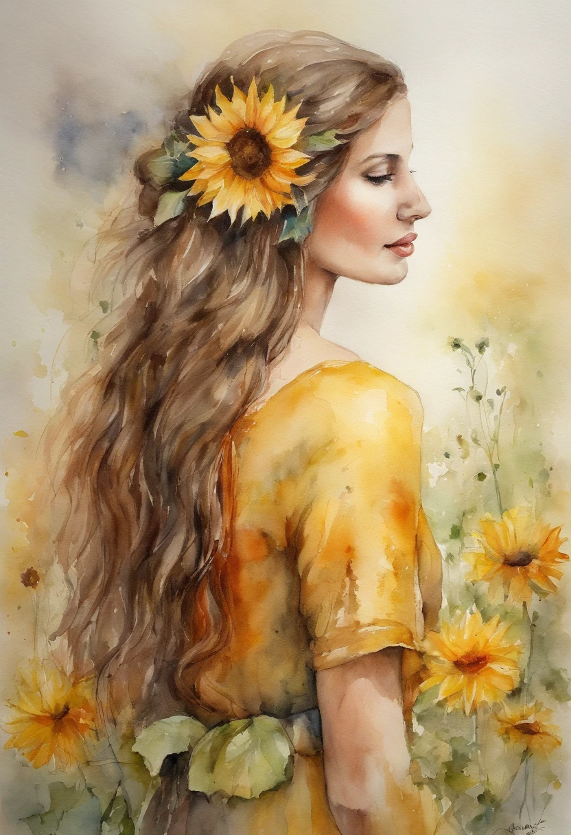 Sonnenblumenfelder、Back view of a beautiful girl、Strahlen der Sonne