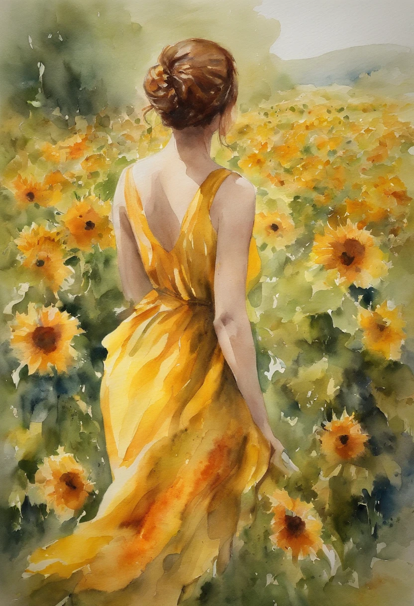 Sonnenblumenfelder、Back view of a beautiful girl、Strahlen der Sonne