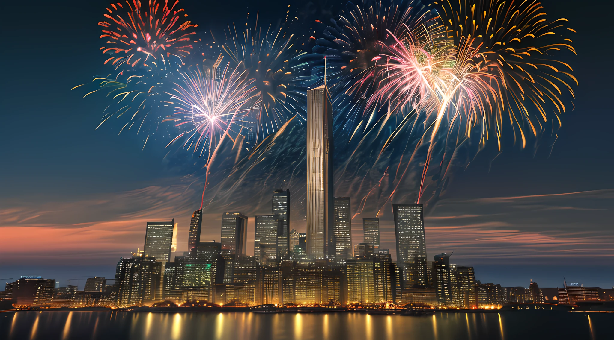 high details, best quality, 16k, absurdres [ultra detailed], masterpiece, best quality, (extremely detailed), dynamic angle, ultra wide shot, photorealistic,  picture of a fireworks show over a city at night, fireworks being reflected in the river, photorealistic display of massive fireworks (best details, Masterpiece, best quality: 1.5), best detailed urban background at night (best details, Masterpiece, best quality: 1.5), entire scene being reflected at river (best details, Masterpiece, best quality: 1.5), ultra best realistic, best details, best quality, 16k, [ultra detailed], masterpiece, best quality, (extremely detailed), ultra wide shot, photorealism, depth of field, hyper realistic picture, 3D rendering