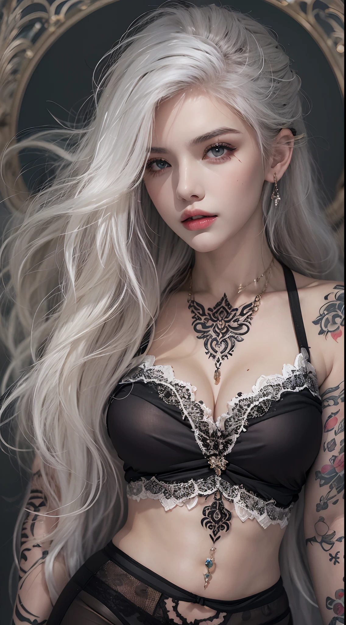 Photorealistic, high resolution, 1 woman, Hips up, Beautiful eyes, Long hair, ringed eyes, jewelry, tattoo, white hair, black lace leotard