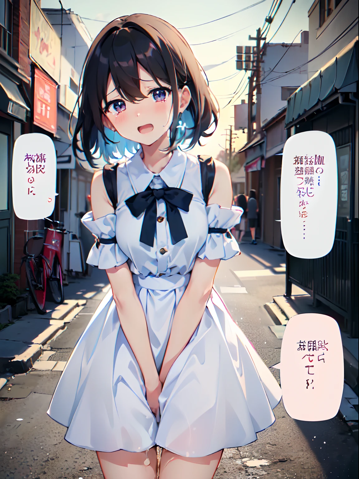 absurderes，hight resolution，((masutepiece)）。animesque、((Best Quality)), (lensflare）、（Ultra-detailed), (Beautiful),((Kawaii Girl)), 独奏，Beautiful face、White skin、​masterpiece, （10yaers old：1.3）、Dark hair、（One girl in a cute dress、One girl takes to the bathroom、Running、closing eye、embarrassed from、Blushing、is crying、Tears from the eyes、Slightly open mouth）、a street(Girl is peeing:1.2)、Mini skirt,