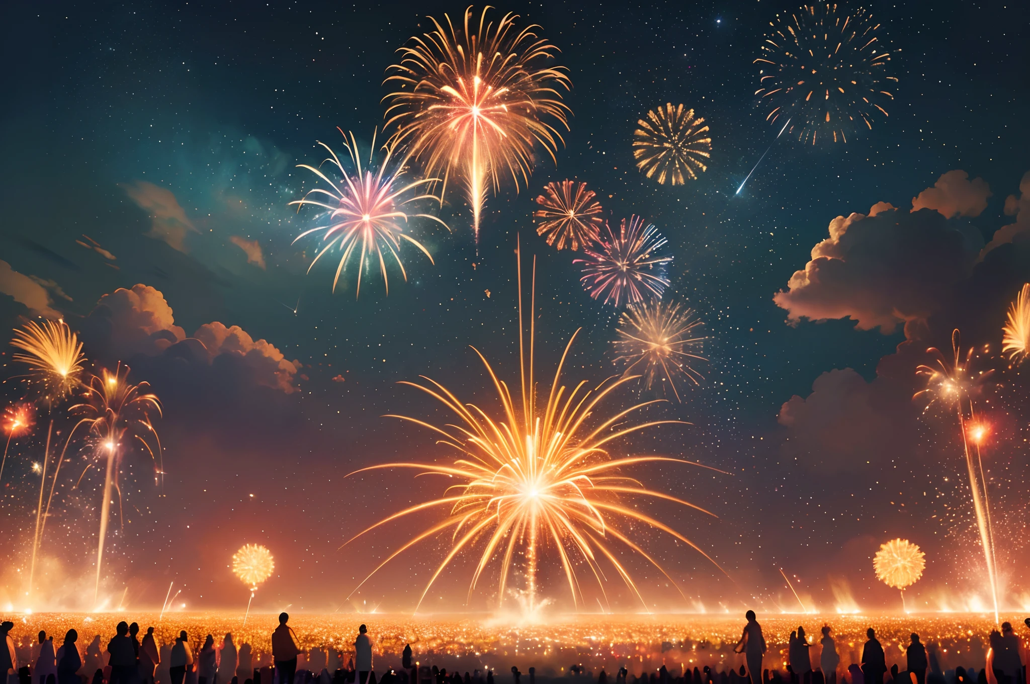 (Best quality,ultra-detailed,professional),(vivid colors,bokeh),(sharp focus),(brilliant fireworks),(nighttime),(celebration),(spectacular display),(colorful explosion),(festive atmosphere),(dazzling lights),(sparkling sparks),(vibrant patterns),(captivating spectacle),(magical moment),(joyful celebration),(bright bursts),(awe-inspiring),(crackling sound),(mesmerizing),(fiery performance),(firework extravaganza),(stunning visuals),(euphoric experience),(illuminated sky),(explosive lights),(breathtaking),(amazing show),(breathless anticipation),(unforgettable),(enchanting),(synchronized),(incredible beauty),(fiery trails),(dancing lights),(illuminating the darkness),(mesmerizing colors),(radiant),(explosive sounds),(spiral patterns),(uplifting),(pyrotechnics spectacle),(cheerful),(sparkling and shimmering),(triumphant display),(nighttime wonderland),(spellbinding),(firecrackers),(burst of light and sound),(magnificent),(glowing in the night sky),(firework artistry),(joyful),(spectacular),(heartwarming celebration),(radiating energy),(miraculous lights),(glorious),(showering sparks),(brilliance and grandeur),(elegant),(crowd's delight),(bright and colorful),(firework magic),(jubilant atmosphere),(illumination),(thunderous applause)