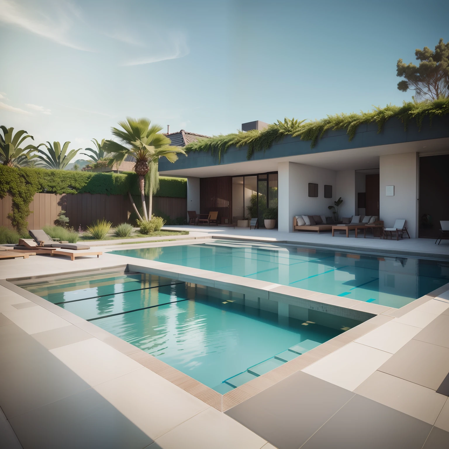 Organic modern architecture on a fairly large plot, There is a swimming pool in the middle of a large one-story house, cor da casa em vigas marrom chocolate e preto, large modern residence, telhados planos e jardim, render luxcore, render oktane, a photorealistic rendering, architectural render, mantra rendering, architectural render, realism rendering, architectural visualisation, piscina de bem-estar, architectural visualisation, grandes zonas verdes, com pequenas zonas de flores de lavanda, arbustos verdes tipo exuberante jardim verde, swimming pool embedded in an area of sand, oliveiras e pinheiros ao redor da casa,