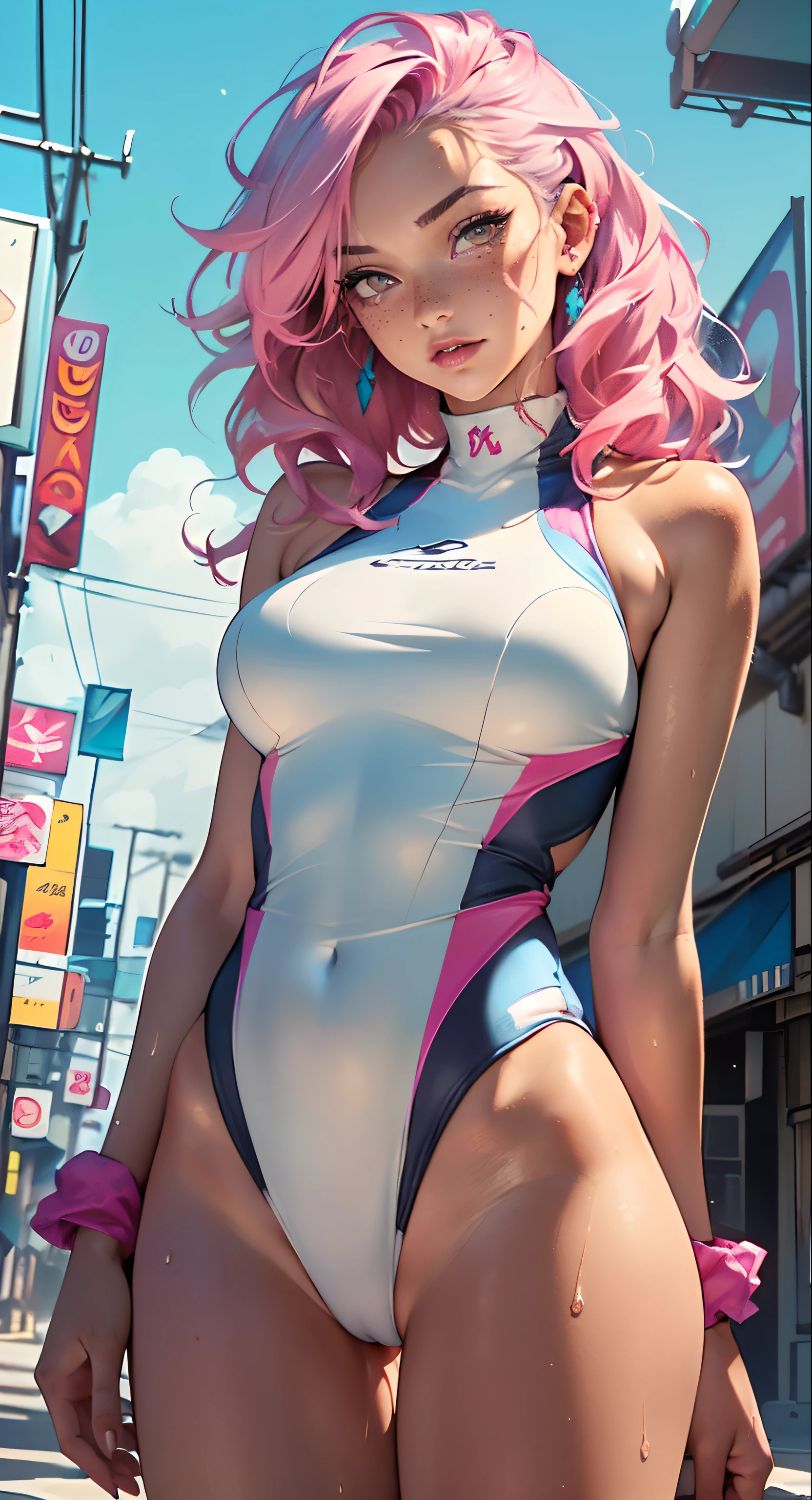 sporty girl,(((1girl))),((girl with bubblegum pink hair and freckles,extremely cute and gorgeous)),
(large breasts:1.4),saggy breasts,(((bubblegum pink hair:1.35,straight hair,long hair:1.4,colored inner hair,ear breathing))),((heterochromia:1.5,eye1 pink,eye2 azul,perfect eyes,upturned eyes:1.3,beautiful detailed eyes,finely detailed beautiful eyes:1,big highlight on eyes:1.2,slanted eyes)),((fat)),(((freckles on the face,freckles,freckled girl))),(((lustrous skin:1.5,bright skin: 1.5,skin tanned,shiny skin,very shiny skin,shiny body,plastic glitter skin,exaggerated shiny skin,illuminated skin, wet legs))),(spider lower abdomen,narrow waist,wide hip,athletic body,inflated legs,delicate detailed fingers,detailed body,human hands,(detailed face)),
cute,slutty,seductive,erotic,(((nsfw))),
((one-piece_swimsuit white , pink accents, wearing a one-piece_swimsuit outfit:1.3, white swimsuit:1.3)),((wet clothes,detailed outfit,detailed clothes)),
(dynamic pose:1.0),embarrassed,(centered,scale to fit dimensions,Rule of thirds),
cyberpunk city by the ocean at night, with bright neon signs and dark stormy clouds and puddles,
High resolution, sharp focus, (ultra detailed, extremely detailed), (photorealistic artwork:1.37), 8k wallpaper,((synthwave background theme)),(((vibrant colors,))),(intricate),masterpiece,(best quality),synthwave neon colors,