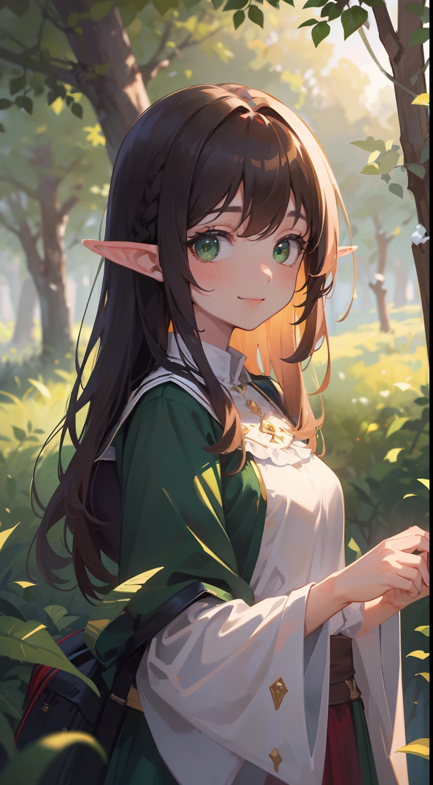 (masterpiece), (best quality), ultra high res, cold pastel tone, upper body, dutch shot, (from ground), lens flare, (medieval theme:1.2), ((1 mature woman, solo)), very stunning and gorgeous mature woman, beautiful detailed hair, chestnut brown hair, smooth long hair, beautiful detailed face, perfect beautiful face, wood elf, (elf ears), ((beautiful shape eyes, green eyes)), look at the viewer, smiles, comfortable face, standing in the woods, (at the night time:1.2), medieval renaissance dress