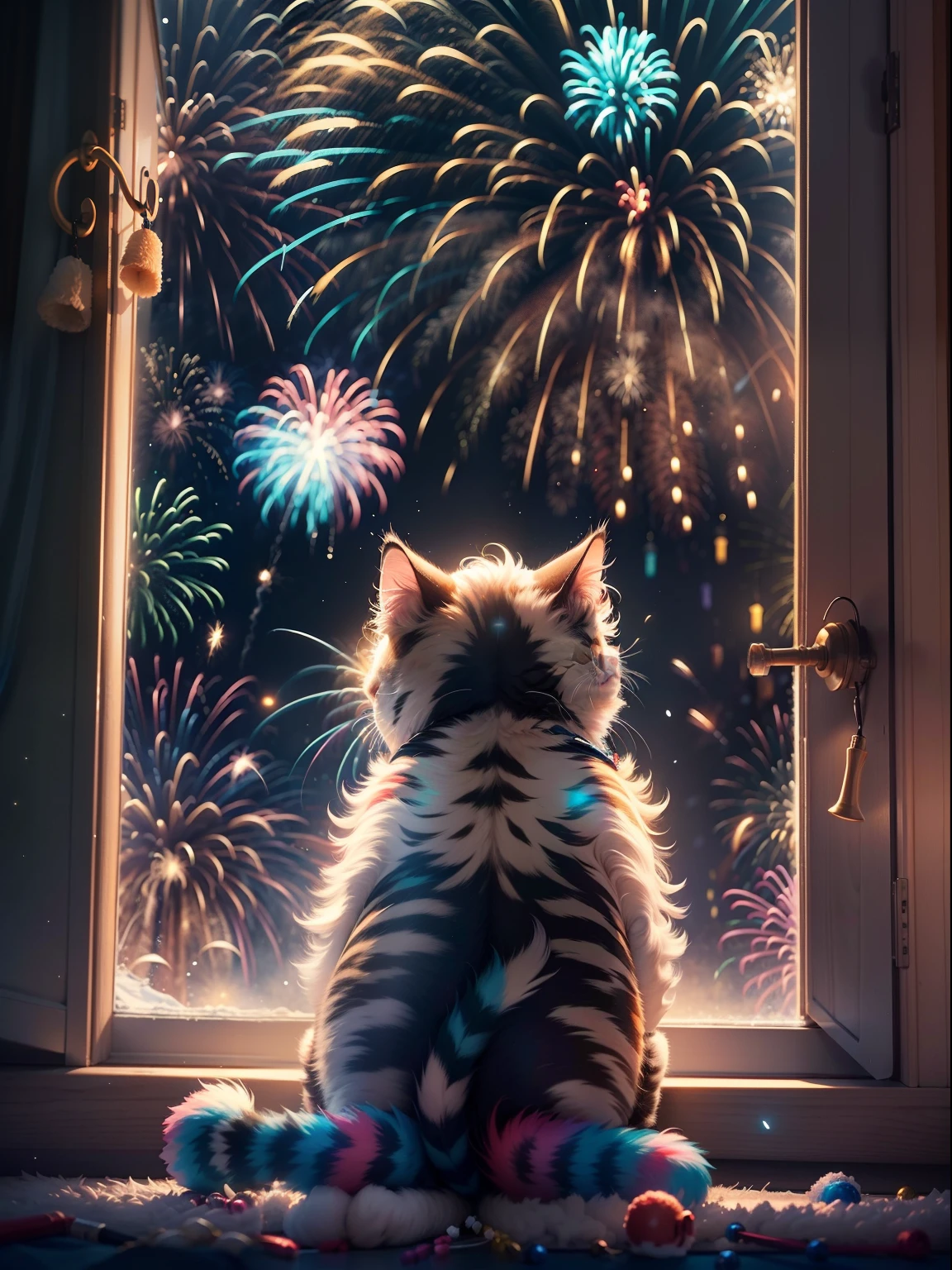 funny picture,at winter season,The kitten has his back to the camera,Brilliant fireworks outside the window,Huge fireworks,Extremely colorful,Colorful