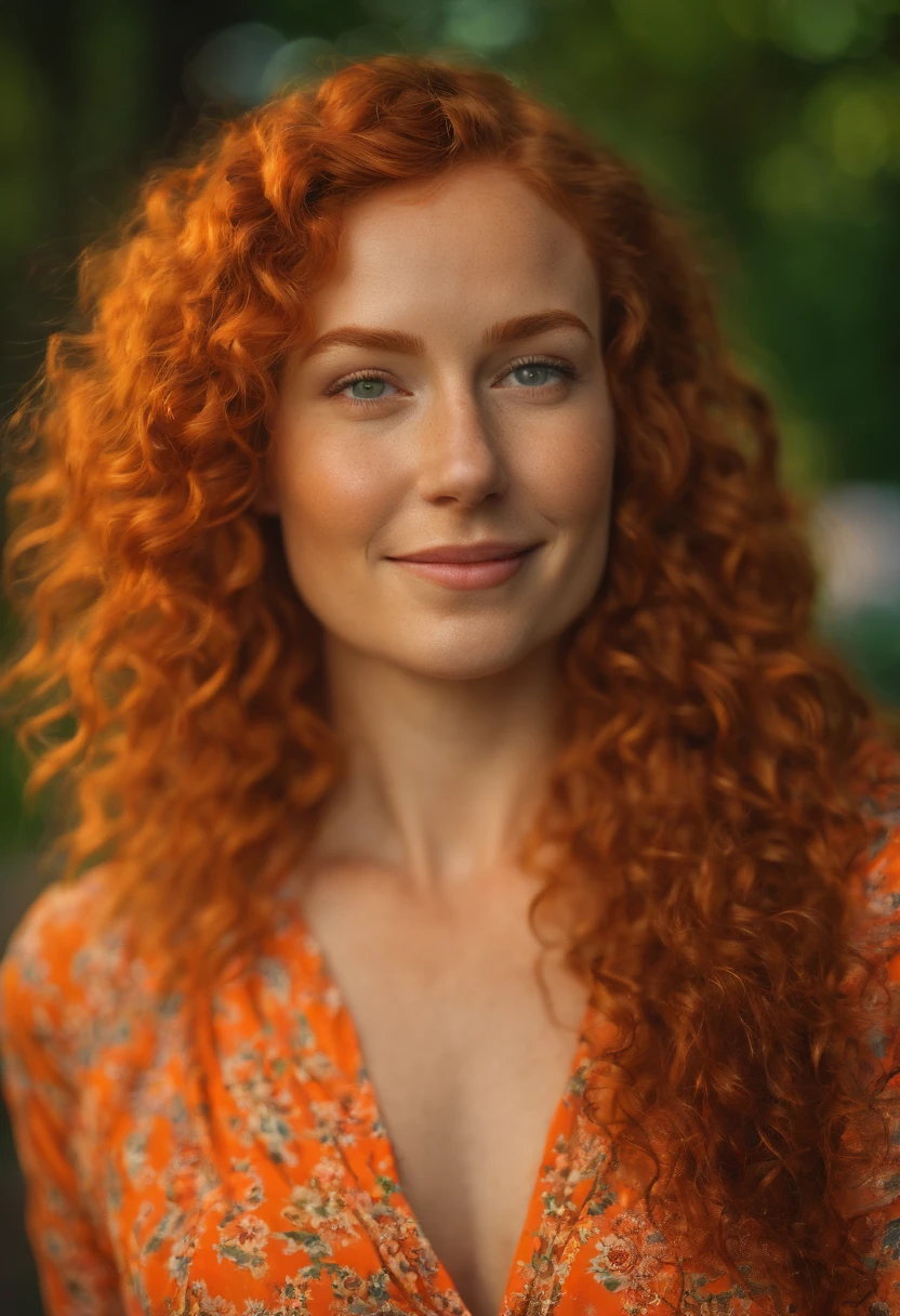 masterpiece portrait of a woman in Montreal at dawn, long hair, cute orange curly hair, smile, green eyes, freckles, floral print, dress, dawn, neon, rays of light, caustic, lens reflection, ((solo)), ishmael_limbus