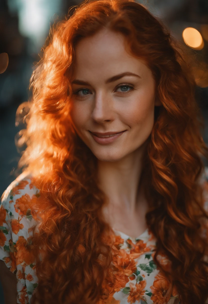 masterpiece portrait of a woman in Montreal at dawn, long hair, cute orange curly hair, smile, green eyes, freckles, floral print, dress, dawn, neon, rays of light, caustic, lens reflection, ((solo)), ishmael_limbus