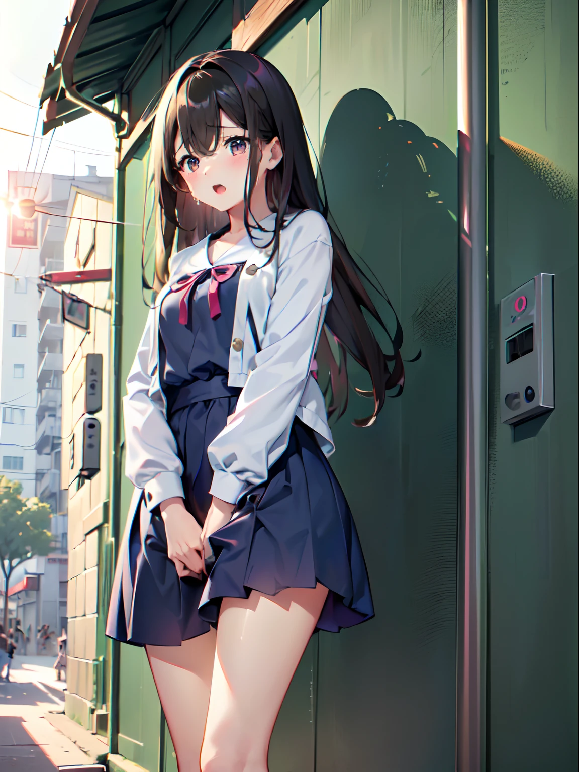 (ultra-detailed, best quality, anatomically perfect body:2), (1 girl, have to pee, very desperate to pee, have to pee:1.3), (girl and other girls waiting in line public restroom:1.4), (maxi dress, long skirt, lace bolero, heels:1.5), (have to pee:1.8), (covering crotch:2), (knees together and feet apart, hand between legs:1.6), (leaning forward:1.3), (girl can't stand up straight:1.3), (erotic twist of the body:1.1), (constricted pupils:1.2), (sad, blush:1.2), fear, (embarrassment:1.4), (flying sweat:1.3), (breathless:1.5), (looking afar:1.6), (open month small), (shiny skin),