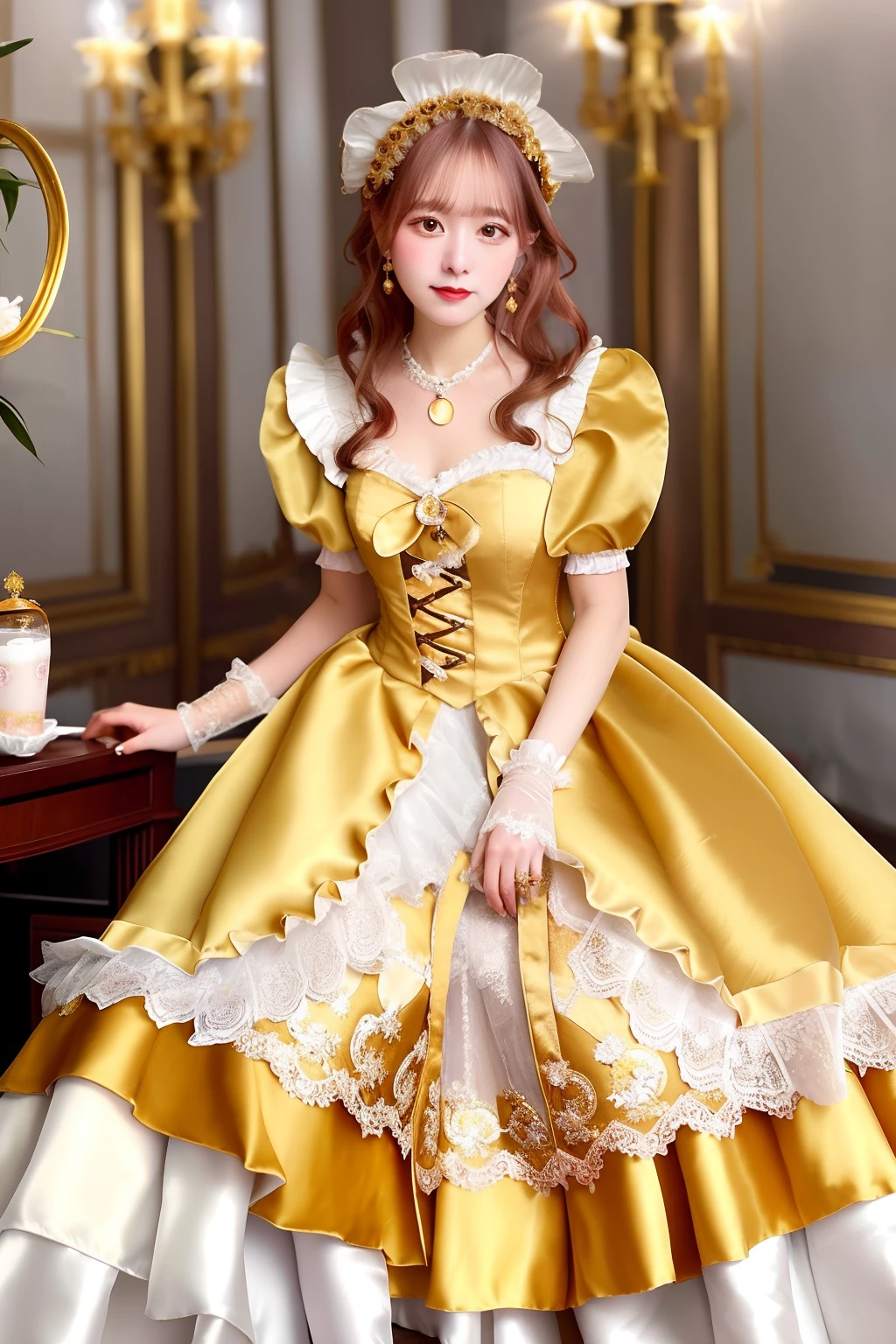 Close up portrait of woman in gold satin dress and white satin gloves, rococo dress, rococo queen, Victorian Gold Dress, rococo ruffles dress, dress in the style of rococo, fantasy dress, Lolita style, ethereal fairy tale, Icy Gold Dress, victorian dress, Lolita Fashion, magical dress, Full dress, fairycore, Belle Delphine