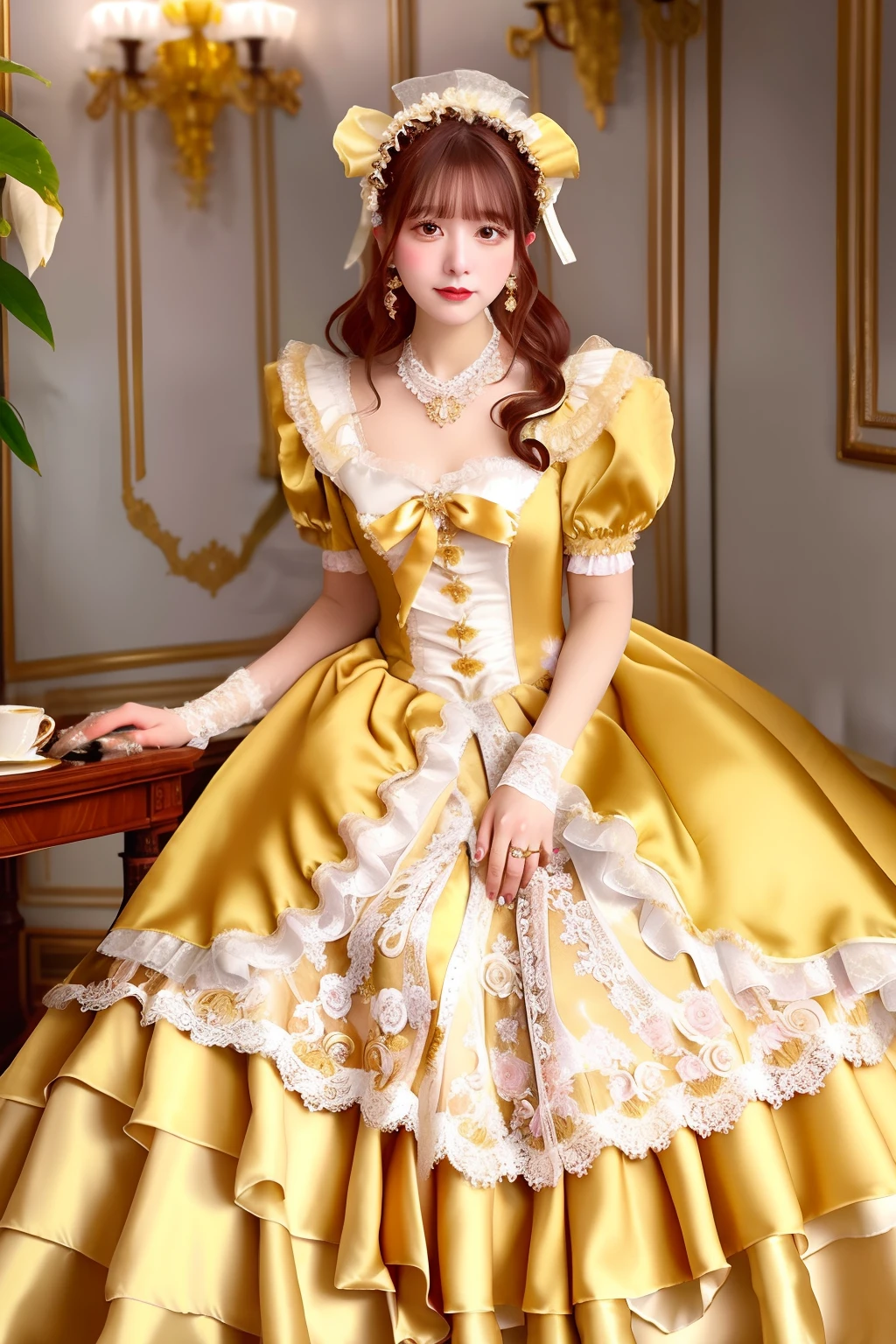 Close up portrait of woman in gold satin dress and white satin gloves, rococo dress, rococo queen, Victorian Gold Dress, rococo ruffles dress, dress in the style of rococo, fantasy dress, Lolita style, ethereal fairy tale, Icy Gold Dress, victorian dress, Lolita Fashion, magical dress, Full dress, fairycore, Belle Delphine