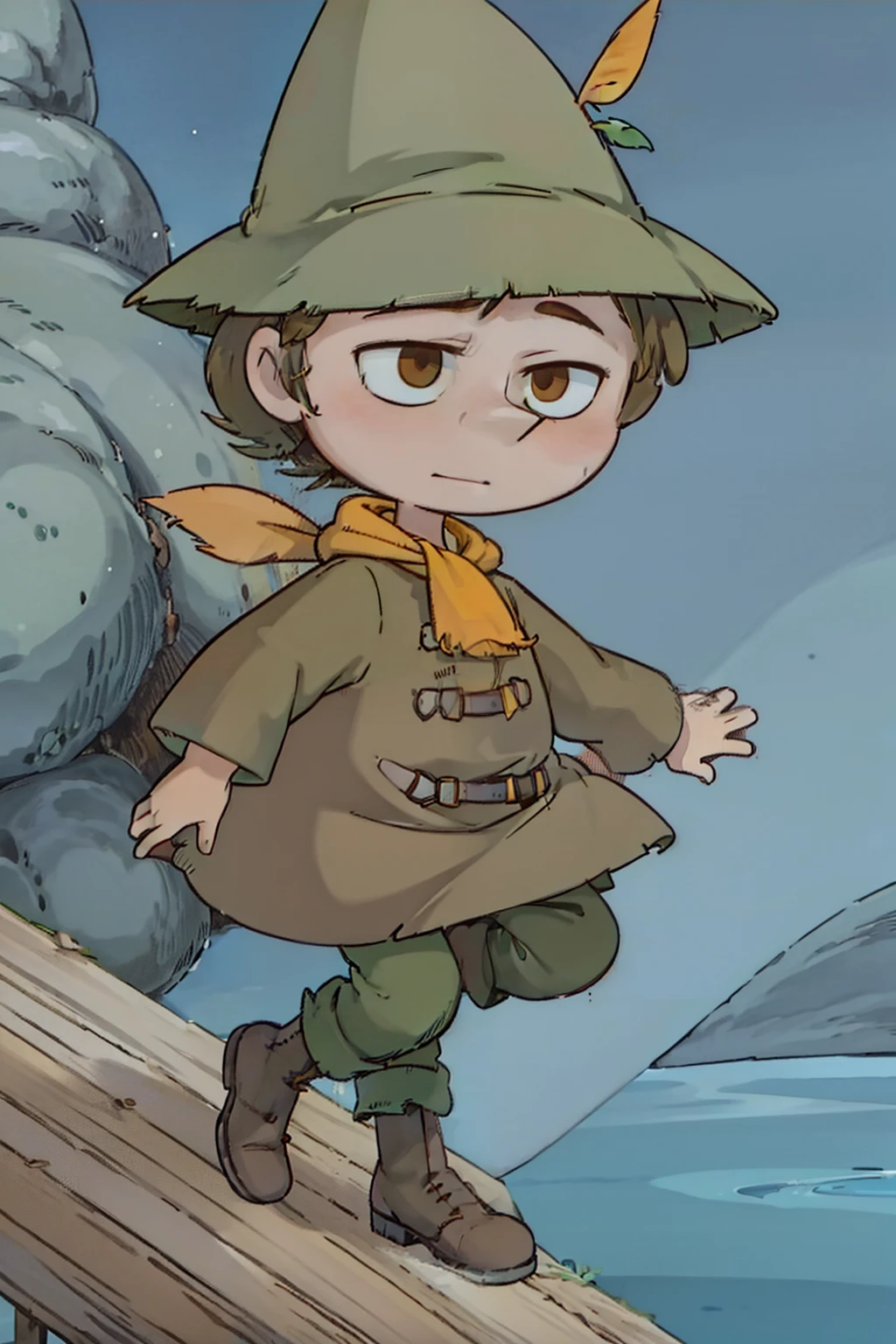 Snufkin, 1boy, short brown hair, pointy nose, green coat, green pants, brown boots, green hat with yellow feather, yellow scarf, dark brown eyes, perfect anatomy, solo