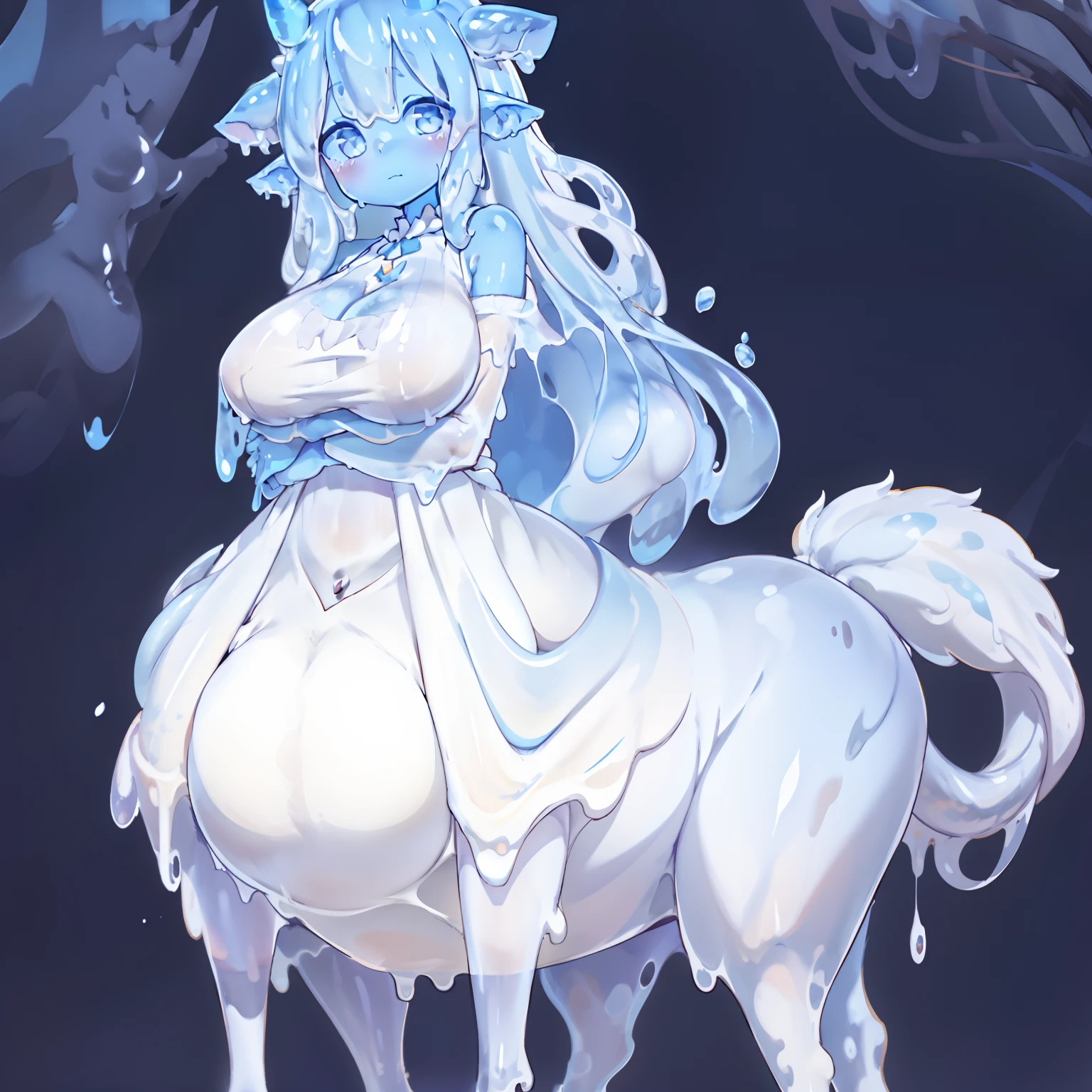 Slime girl, anime, large horns, high quality, very height, large breasts, simple background, white background, closed dress, closed mount, closed breast, curvy body, cute, full body, melting, large deer crystal horns,dress,forest, blue eyes, four legs,udder,milk,dress,