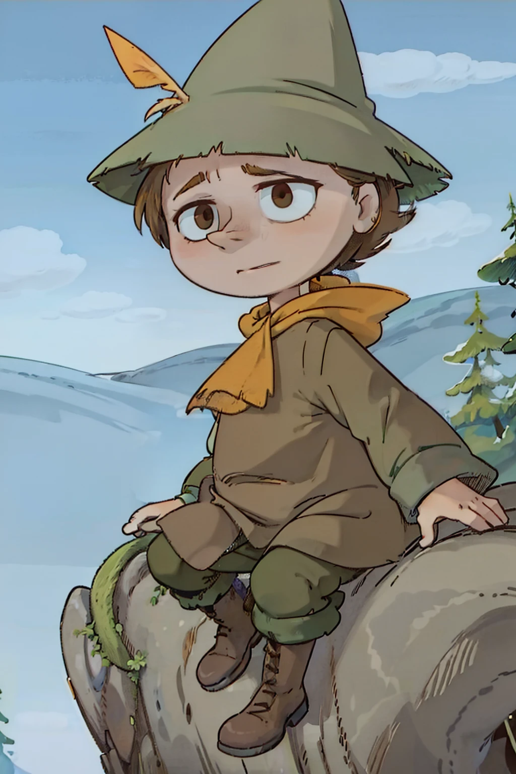 Snufkin, 1boy, short brown hair, pointy nose, green coat, green pants, brown boots, green hat with yellow feather, yellow scarf, dark brown eyes, perfect anatomy, solo