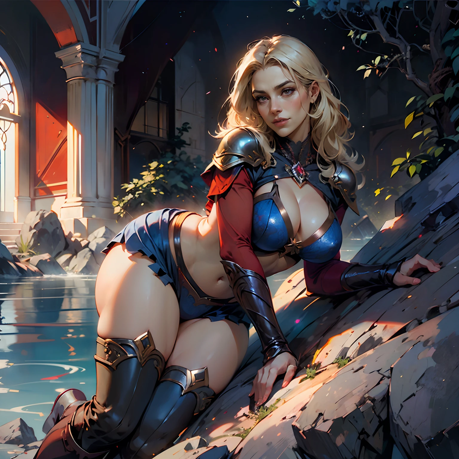 High-angle shot of a smiling blonde female character, (FISHEYE ANGLE)++++, Efecto ojo de pez, (8k, La mejor calidad, obra maestra: 1.2), The most beautiful illustration in the world, (realista, fotorrealista: 1.37), VRAY, HDR,Ultra detalle, calidad premium, ultra-high def, Pro Lighting, mapeo de fotones, radiosidad, physically based representation, cinematic lighting+, superheroína Wonder Woman (dressed in metallic red bra, blue panties with white star pattern and metallic red boots)、, damp skin, gotas brillantes de sudor, erotic, ((cuerpo perfecto cara perfecta manos perfectas dedos perfectos pechos perfectos 8k)), pechos grandes desnudo, rubor rojo、un cuerpo mojado、vampiresa viciosa, (brillante), Chica animadora、pelo de doble cola de color negro+++ 、sonriente, sonrisa perfecta, Manos levantadas、gran escote, high fantasy、obscenidad、Tetas colosales、senos muy grandes, The pink nipple peeks through the clothes, grandes pezones duros, highly detallado、8k、high resolusion、solamente、Labios grandes y jugosos、muslos gruesos y jugosos、maquillaje、sombra de ojos de color rojo, pechos grandes y brillantes, mirando al espectador、fotorrealista、cinema4d、octane representation、Un sexy、Curvaceous but slender、Sobreexpuestas、Perfectcomposition、 NSFW, Calidad profesional, motor irreal , profundidad espacial, Mujer muy caliente y emocionada, In a fantasy forest bathe in hot thermal baths with steam coming out of the water with a beautiful field of olive trees in the background, puesta del sol (Chispas: 0.7), (8k, La mejor calidad, obra maestra: 1.2), The most beautiful illustration in the world, (realista, fotorrealista: 1.37), Ultra detalle, calidad premium, ultra-high def, Pro Lighting, mapeo de fotones, radiosidad, physically based representation, cinematic lighting, cabello bioluminiscente, ojos brillantes, Arte de Artgerm y Greg Rutkowski y Alphonse Mucha,