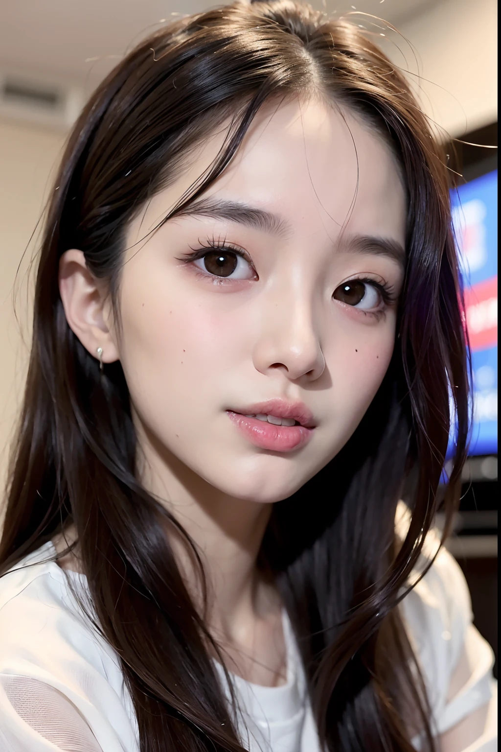 (realistic, photo-realistic:1.37),(8k, RAW photo, best quality, masterpiece:1.2), cute, ultra-detailed,heart-shaped pupils,physically-based rendering, ultra high res, looking at viewer,photorealistic,realistic, solo, photorealistic, best quality,extremely detailed face,extremely detailed eyes and face, beautiful detailed eyes,absurdres, incredibly absurdres,haunting smile,childish looks,Messy hair, floating hair,pureerosface_v1:0.2, face close-up