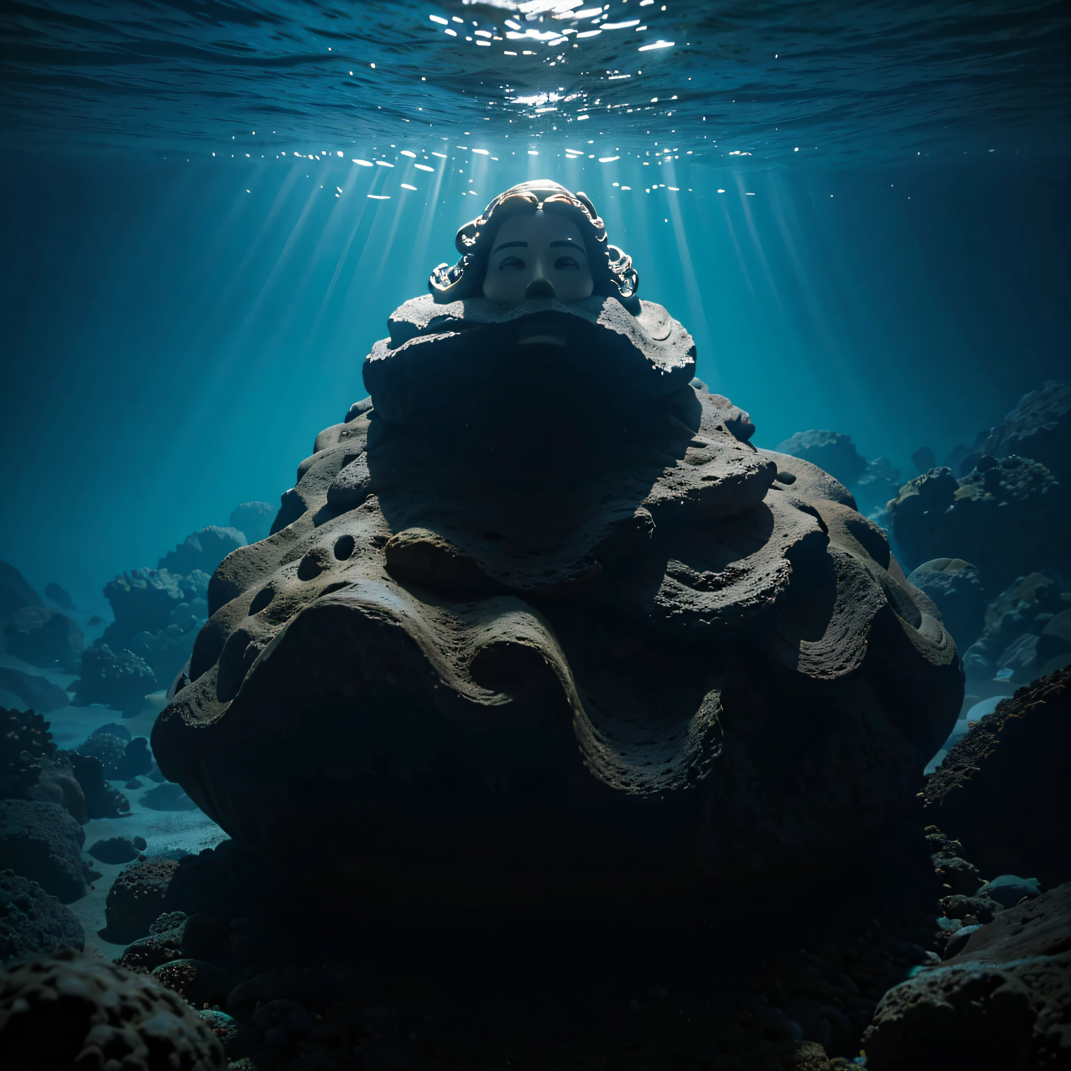 (extremadamente detallado, obra maestra, La mejor calidad, Under the Ocean), Estilo oscuro, volumetric illumination. textura de babosa, piel de caracol. ahogados flotando de fondo. Rococo composition.