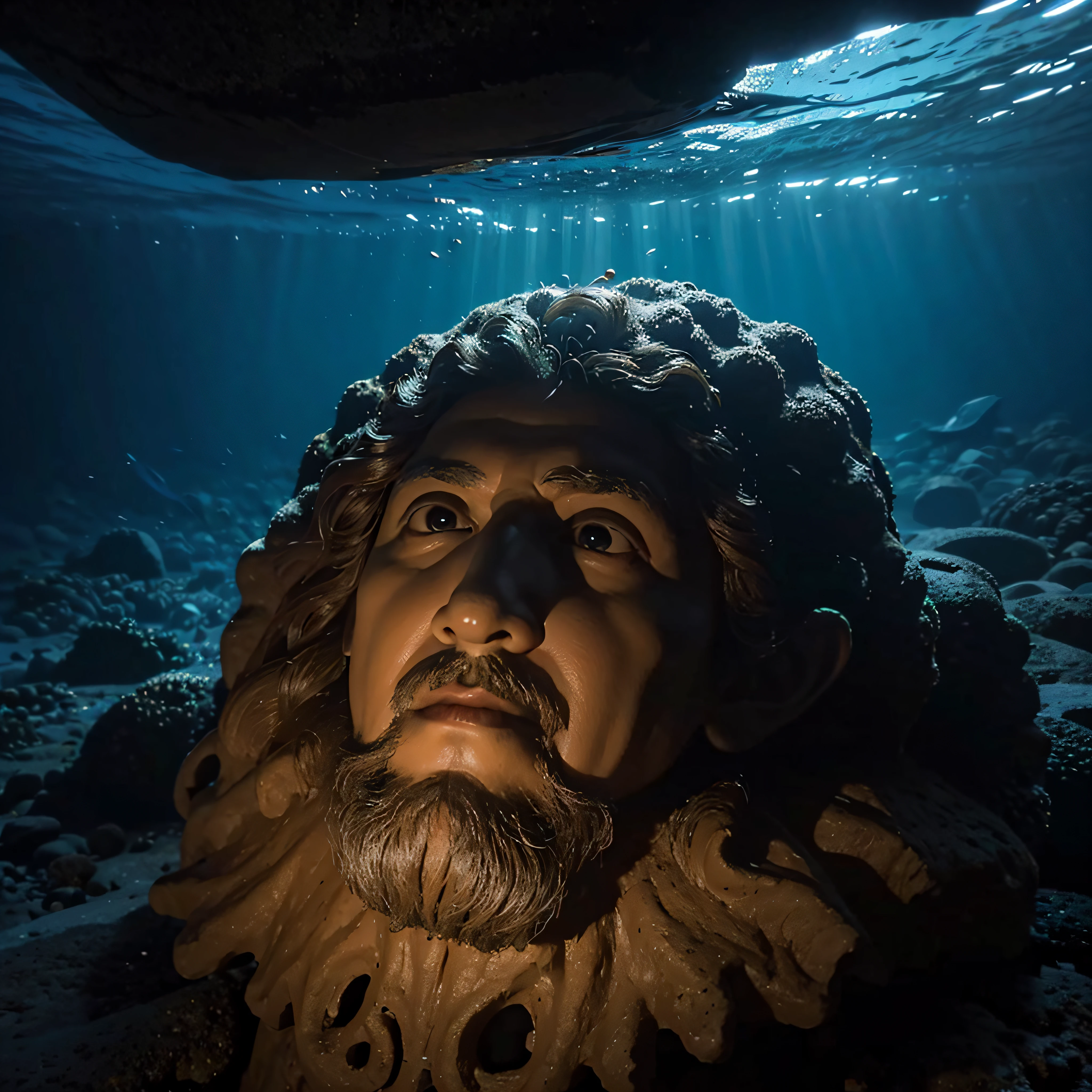 (extremadamente detallado, obra maestra, La mejor calidad, Under the Ocean), Estilo oscuro, volumetric illumination. textura de babosa, piel de caracol. ahogados flotando de fondo. Rococo composition.
