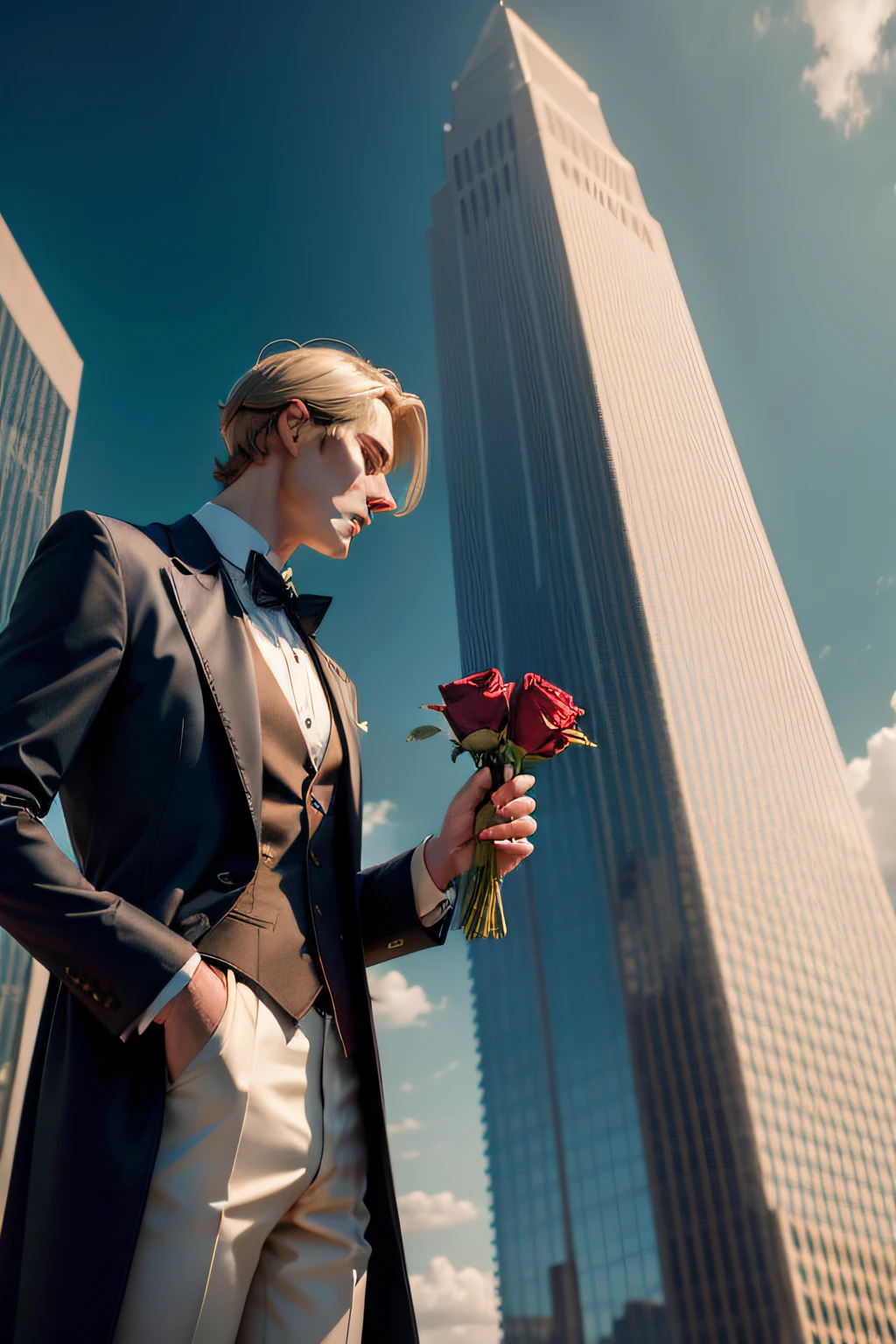 A tall guy with old costume standing in front of skyscraper and holding rose in his hand