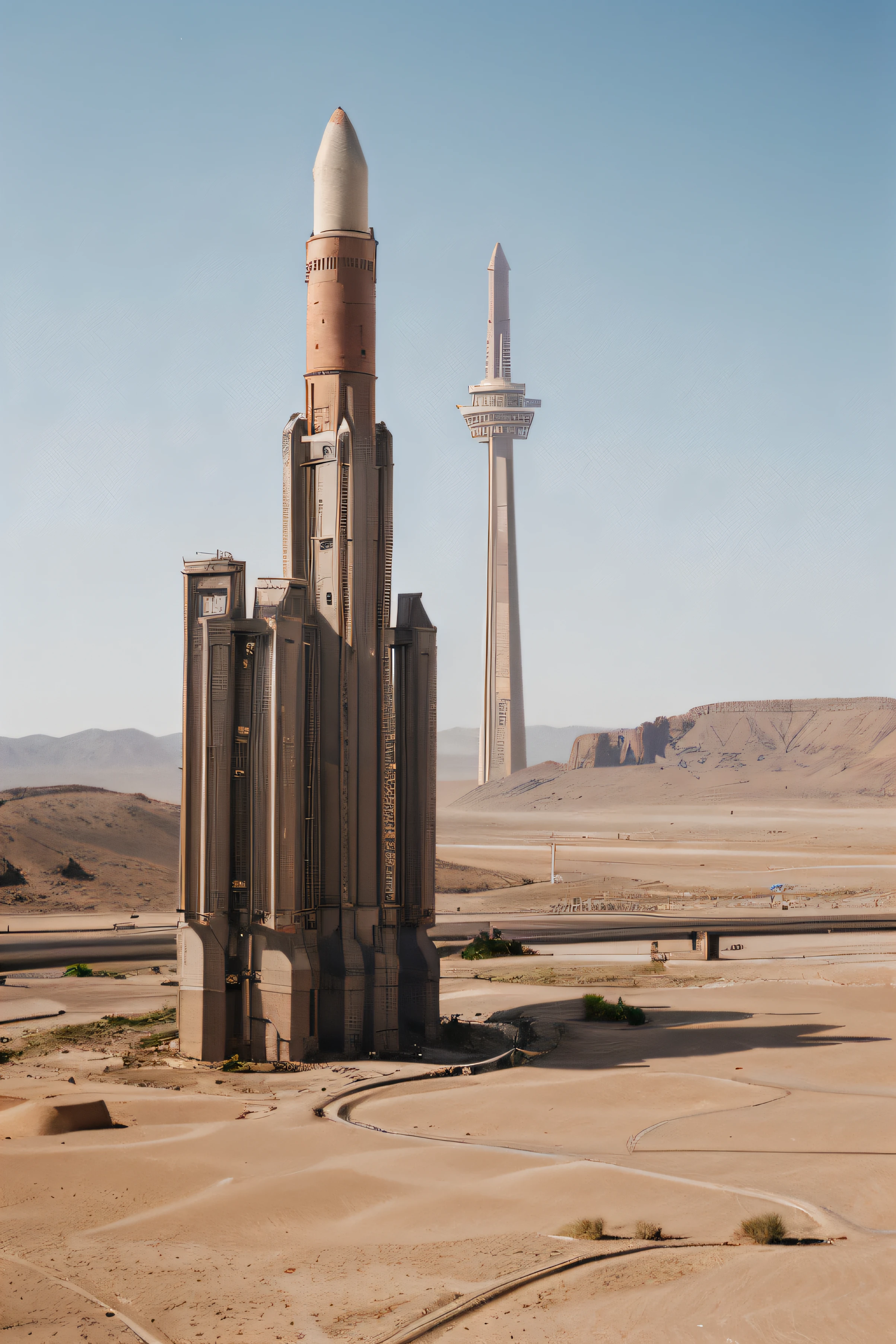 (masterpiece),(high quality), plan of the city, aargsitemap, aargdetailmap, retro, (soviet), (megastructure), low saturation, dirt futuristic, concrete and shiny metal, desert, fog, mist, ((rocket in front)), fujifilm, photorealistic, details, (desert dunes) in (background)