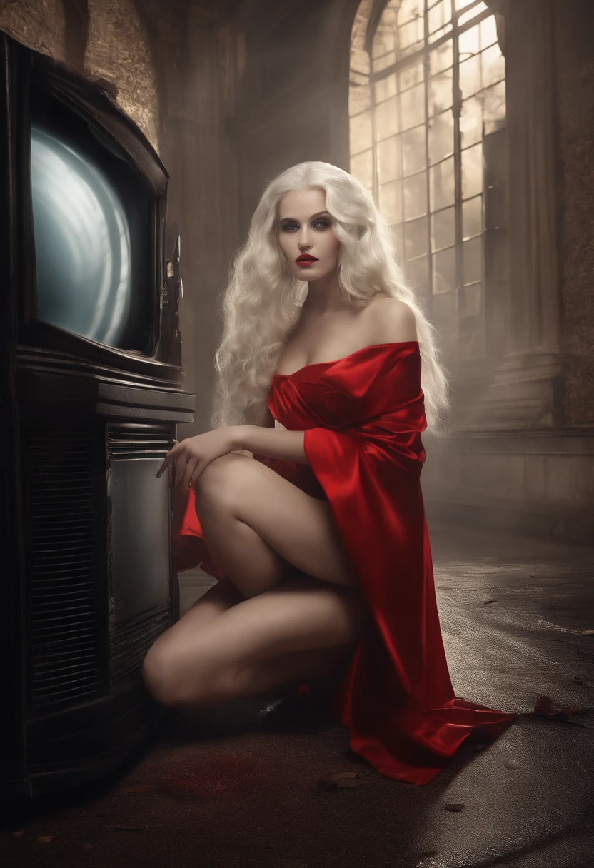 Discarded trash cans, A bunch of faulty TVs, Black footage of the city was shown on television, Gothic gloomy, The girl sitting on the TV wore a red tattered robe。, Naked foot, 1个Giant Breast Girl, White hair, Asymmetrical hair, Side ponytail, hairpods, devil pupils, futurism, conceptual art, modern, filmgrain, back lit lighting, afterimage, Anatomically correct, Award-Awarded, Masterpiece, Best quality