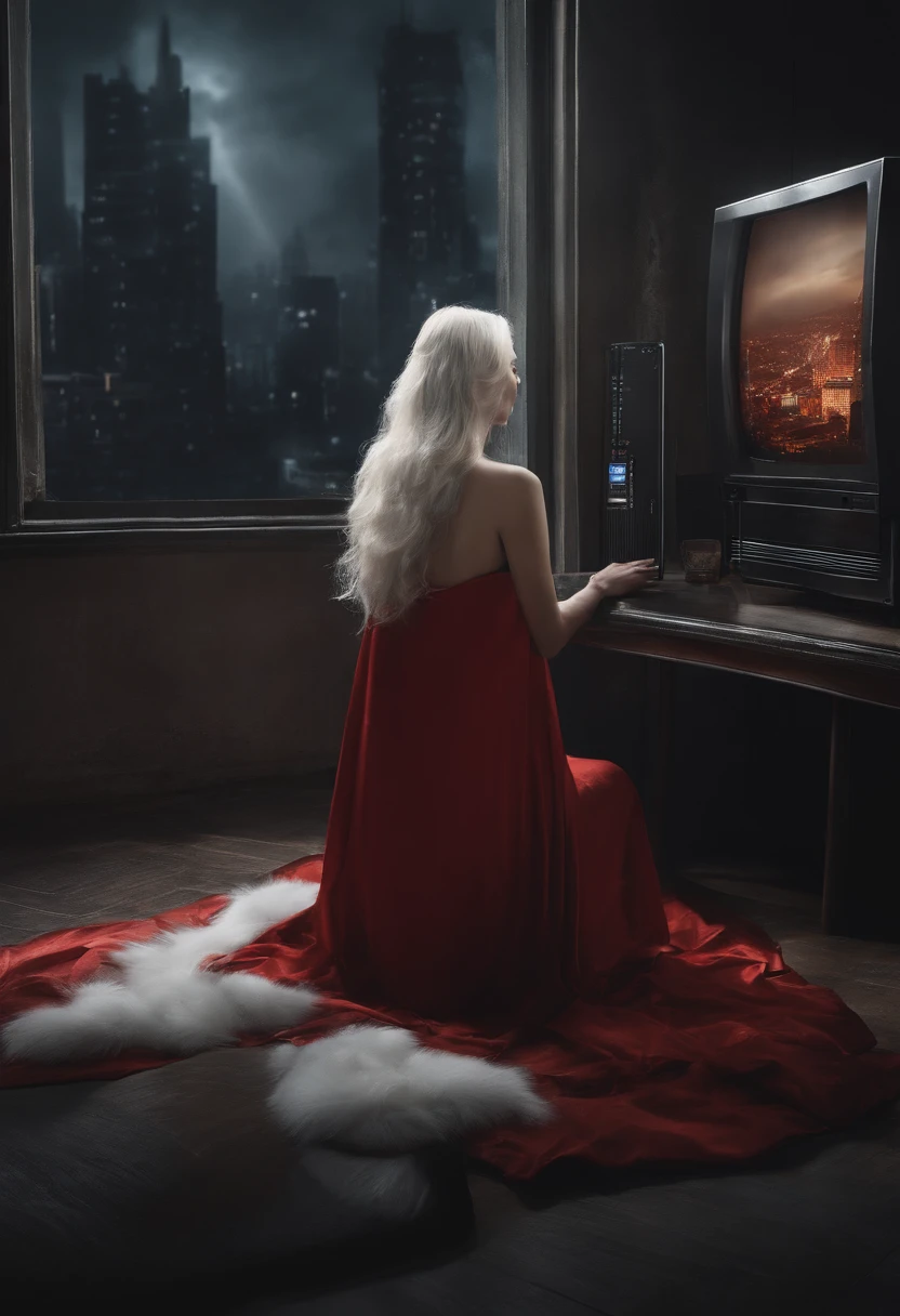 Discarded trash cans, A bunch of faulty TVs, Black footage of the city was shown on television, Gothic gloomy, The girl sitting on the TV wore a red tattered robe。, Naked foot, 1个Giant Breast Girl, White hair, Asymmetrical hair, Side ponytail, hairpods, devil pupils, futurism, conceptual art, modern, filmgrain, back lit lighting, afterimage, Anatomically correct, Award-Awarded, Masterpiece, Best quality