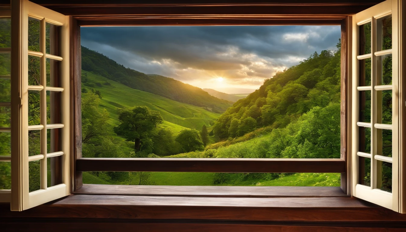 open window, , beautiful landscapes, books, tree, green