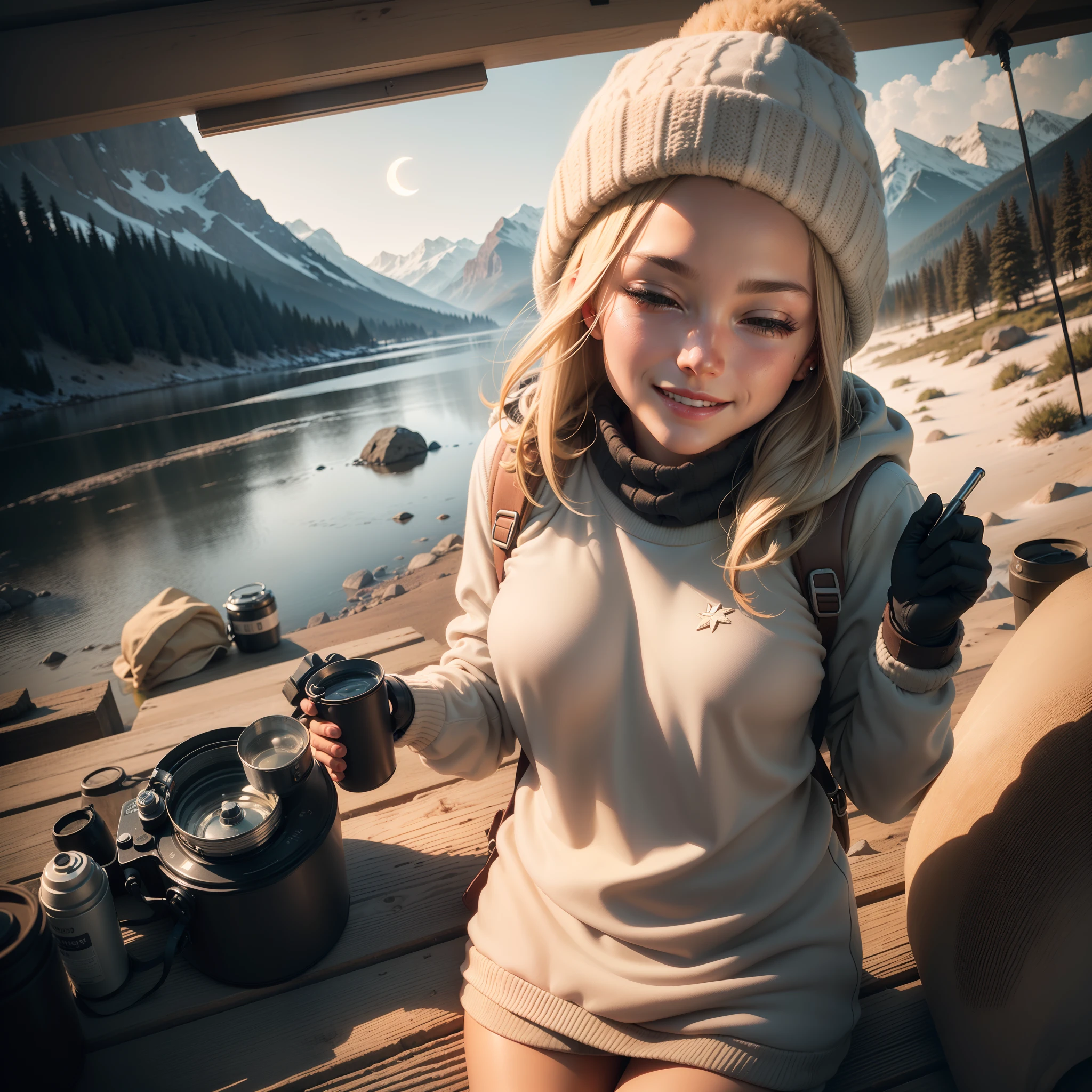 1 woman((upper body selfie, happy)), masterpiece, best quality, ultra-detailed, solo, outdoors, (night), mountains, nature, (stars, moon) cheerful, happy, backpack, sleeping bag, camping stove, water bottle, mountain boots, gloves, sweater, hat, flashlight, forest, rocks, river, wood, smoke, shadows, contrast, clear sky, analog style (look at viewer:1.2) (skin texture) (film grain:1.3), (warm hue, warm tone)
:1.2), close up, cinematic light, sidelighting, ultra high res, best shadow, RAW, upper body, old man, wearing pullover