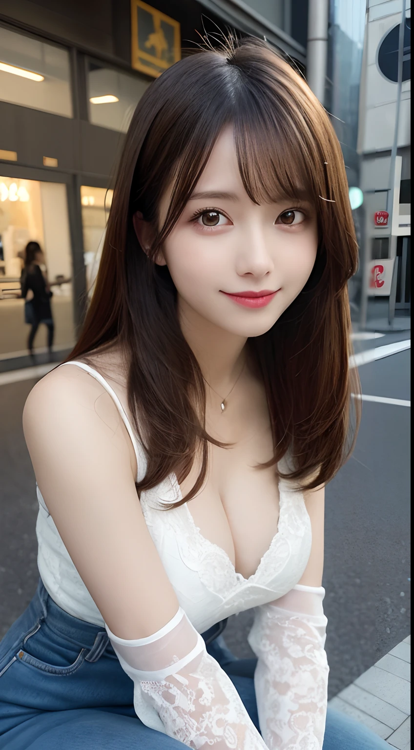 masutepiece, Best Quality, Illustration, Ultra-detailed, finely detail, hight resolution, 8K Wallpaper, Perfect dynamic composition, Beautiful detailed eyes,Straight hair,small tits,Natural Color Lip, Bold sexy poses,Smile,shibuya city、20 years girl、Cute、Sexy shot looking at camera、crouching down