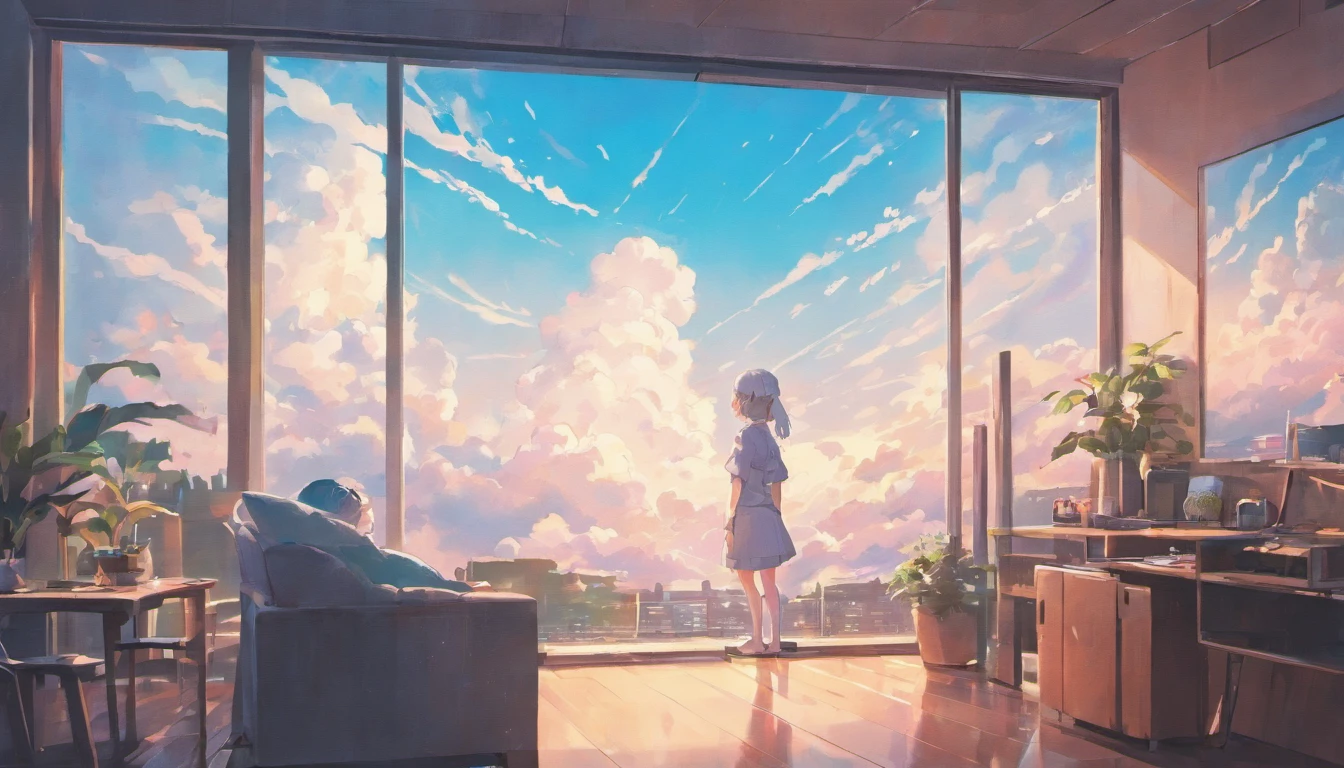 inside in room,windows,Clouds drifted through the window,Indoors and the sea,Postmodern art style,pop-art
