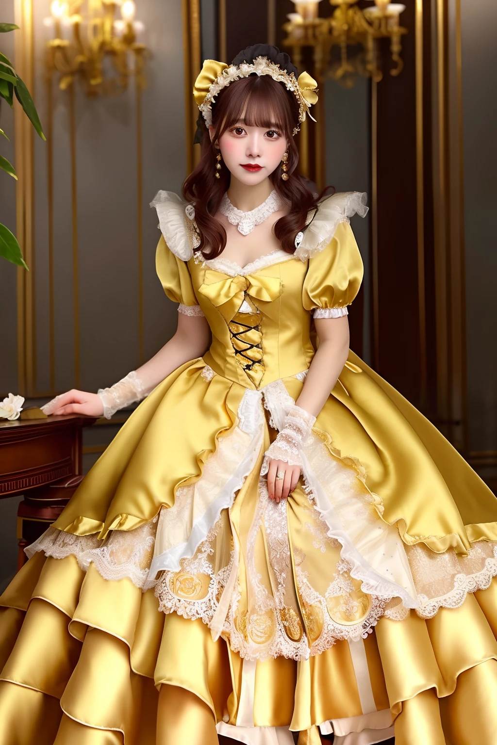 Close up portrait of woman in gold satin dress and white satin gloves, rococo dress, rococo queen, Victorian Gold Dress, rococo ruffles dress, dress in the style of rococo, fantasy dress, ta style, ethereal fairy tale, Icy Gold Dress, victorian dress, Loliashion, magical dress, Full dress, fairycore, Belle Delphine