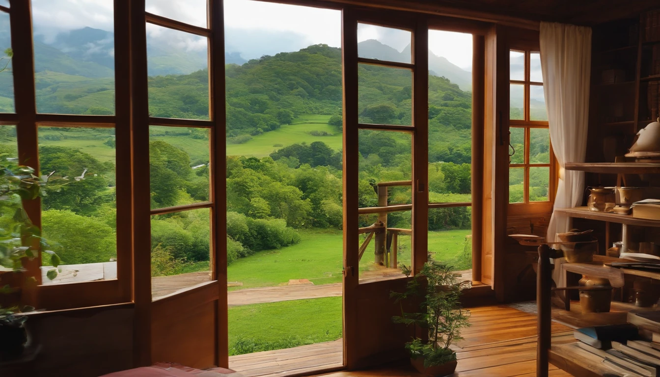 open window, , beautiful landscapes, books, tree, green, Studio Ghibli style、You can feel the feel of the brush、countryside view