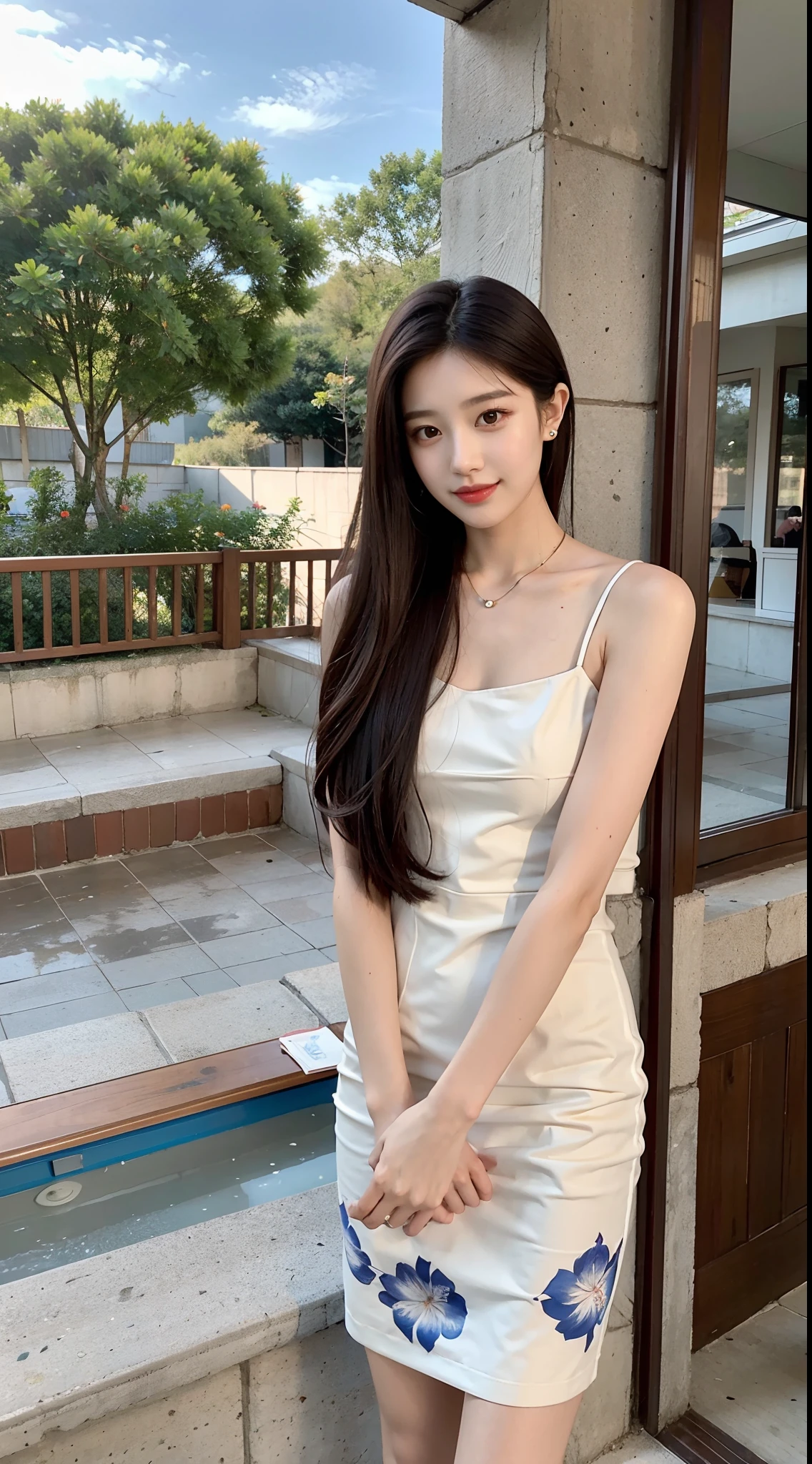 The Alafi woman standing on the balcony holds a white purse，Wearing a white and blue floral dress, bae suzy, Gorgeous young Korean woman, dressed with long fluent clothes, korean women's fashion model, Beautiful young Korean woman, beautiful Korean women, Gorgeous lady, sakimichan, ulzzangs, Open V chest clothes, Shin Jinying, tzuyu from twice