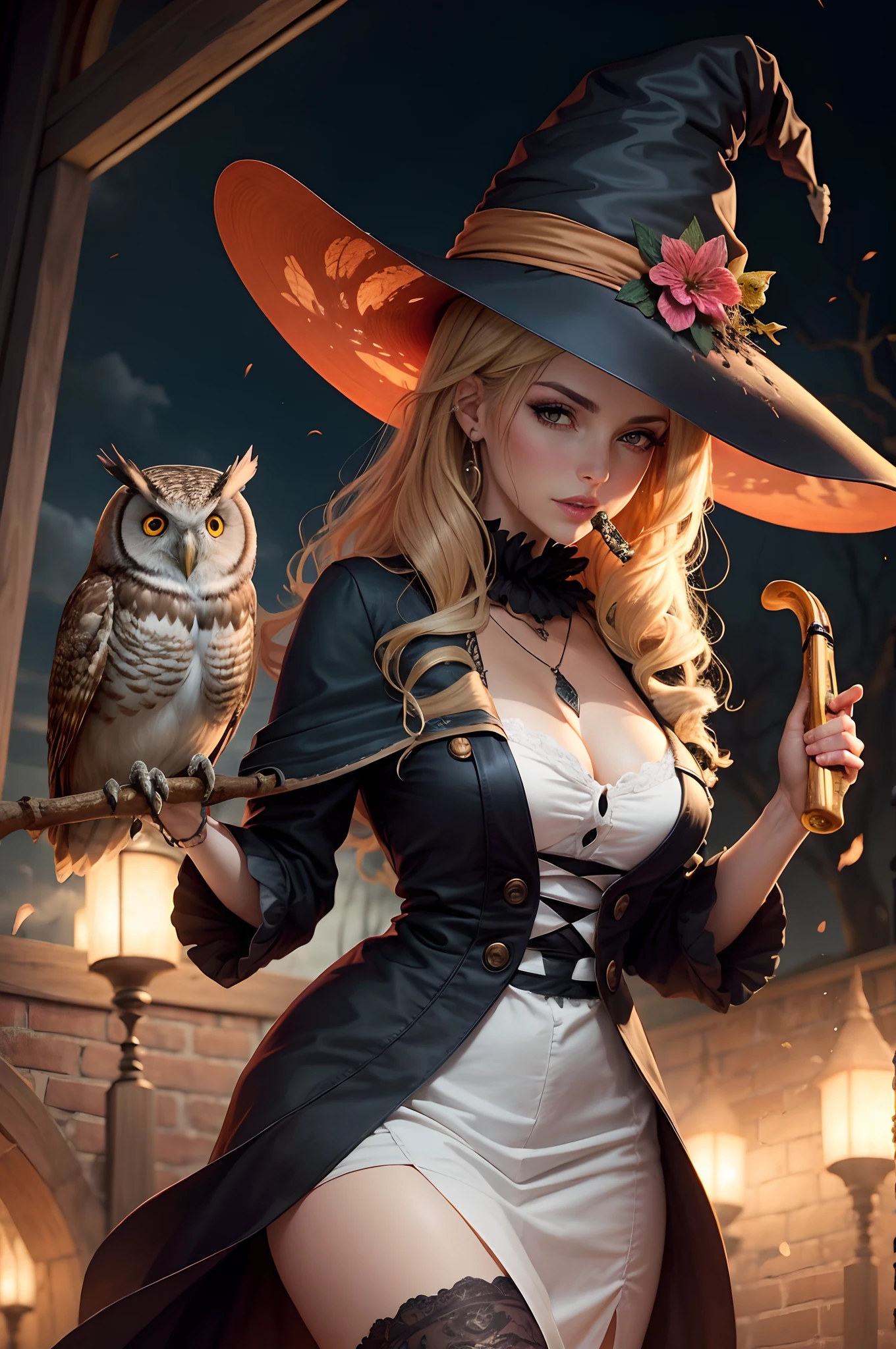 An attractive witch with an owl, tocando una guitarra electrica, estilo anime