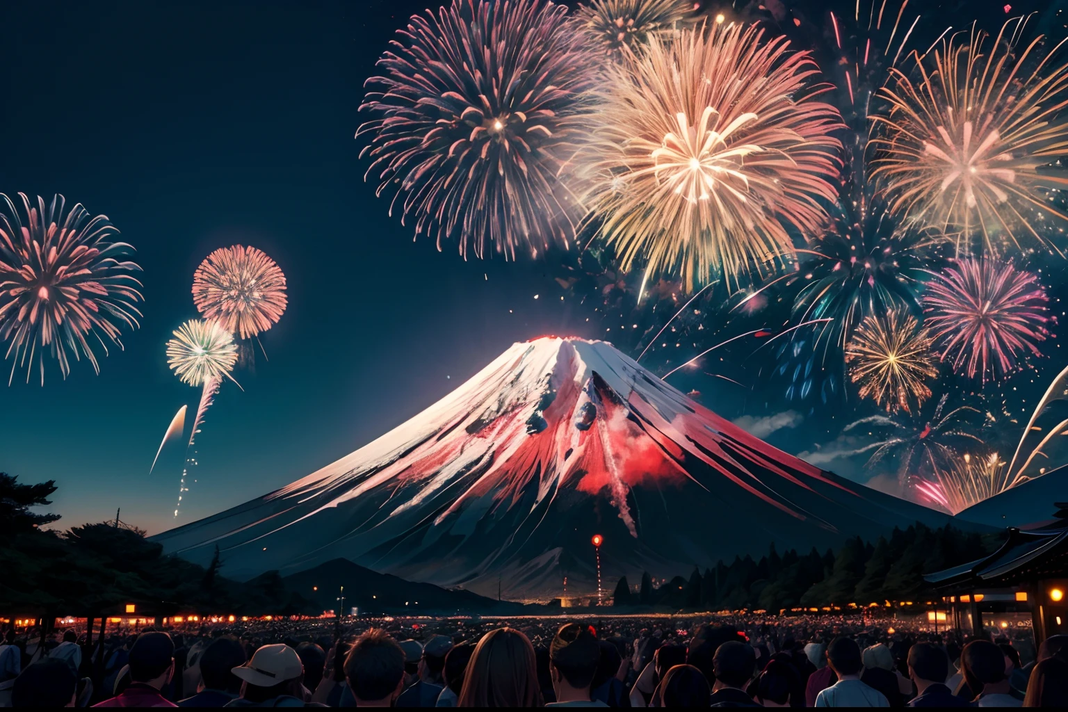 Mt fuji, fireworks, crowd, sky shot