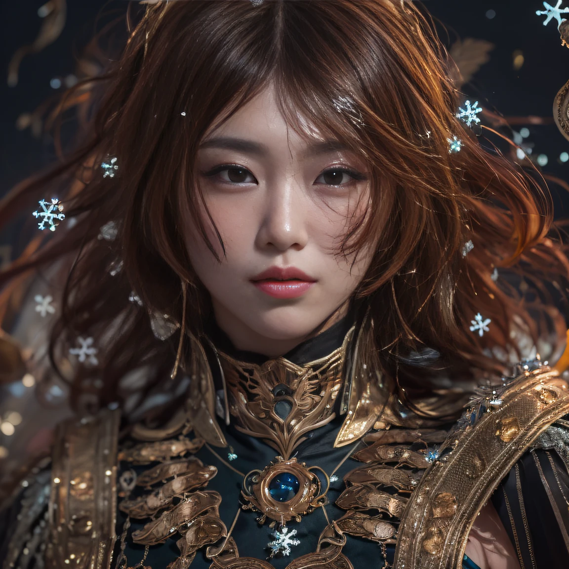 32K gradient glass texture(tmasterpiece,k hd,hyper HD,32K)Short burgundy hair,Short flowing hair,Onsen District,Flame Girl ,Yao Lang protector (realisticlying:1.4),Python pattern robe,Black gold master Kawashima work headdress,Snowflakes fluttering,The background is pure,Hold your head high,Be proud,The nostrils look at people, A high resolution, the detail, RAW photogr, Sharp Re, Nikon D850 Film Stock Photo by Jefferies Lee 4 Kodak Portra 400 Camera F1.6 shots, Rich colors, ultra-realistic vivid textures, Dramatic lighting, Unreal Engine Art Station Trend, cinestir 800,Hold your head high,Be proud,The nostrils look at people,Short burgundy hair