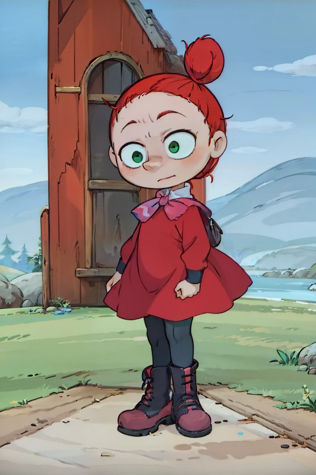 Little My, 1girl, red dress, black boots, green eyes, orange hair, single hairbun, pink bow, child, perfect anatomy, solo