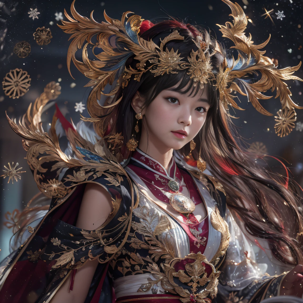 32K gradient glass texture(tmasterpiece,k hd,hyper HD,32K)Short burgundy hair,Short flowing hair,Onsen District,Flame Girl ,Yao Lang protector (realisticlying:1.4),Python pattern robe,Black gold master Kawashima work headdress,Snowflakes fluttering,The background is pure,Hold your head high,Be proud,The nostrils look at people, A high resolution, the detail, RAW photogr, Sharp Re, Nikon D850 Film Stock Photo by Jefferies Lee 4 Kodak Portra 400 Camera F1.6 shots, Rich colors, ultra-realistic vivid textures, Dramatic lighting, Unreal Engine Art Station Trend, cinestir 800,Hold your head high,Be proud,The nostrils look at people,Short burgundy hair