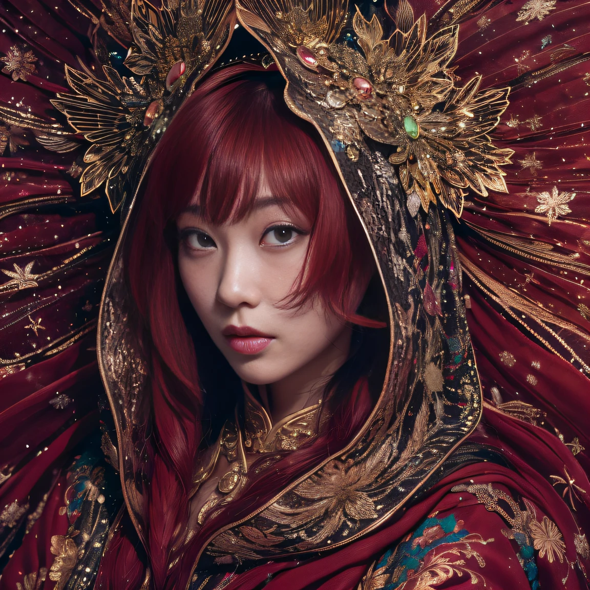 32K gradient glass texture（tmasterpiece，k hd，hyper HD，32K）Short burgundy hair，Short flowing hair，Onsen District，Flame Girl ，Yao Lang protector （realisticlying：1.4），Python pattern robe，Black gold master Kawashima work headdress，Snowflakes fluttering，The background is pure，Hold your head high，Be proud，The nostrils look at people， A high resolution， the detail， RAW photogr， Sharp Re， Nikon D850 Film Stock Photo by Jefferies Lee 4 Kodak Portra 400 Camera F1.6 shots, Rich colors, ultra-realistic vivid textures, Dramatic lighting, Unreal Engine Art Station Trend, cinestir 800，Hold your head high，Be proud，The nostrils look at people，Short burgundy hair